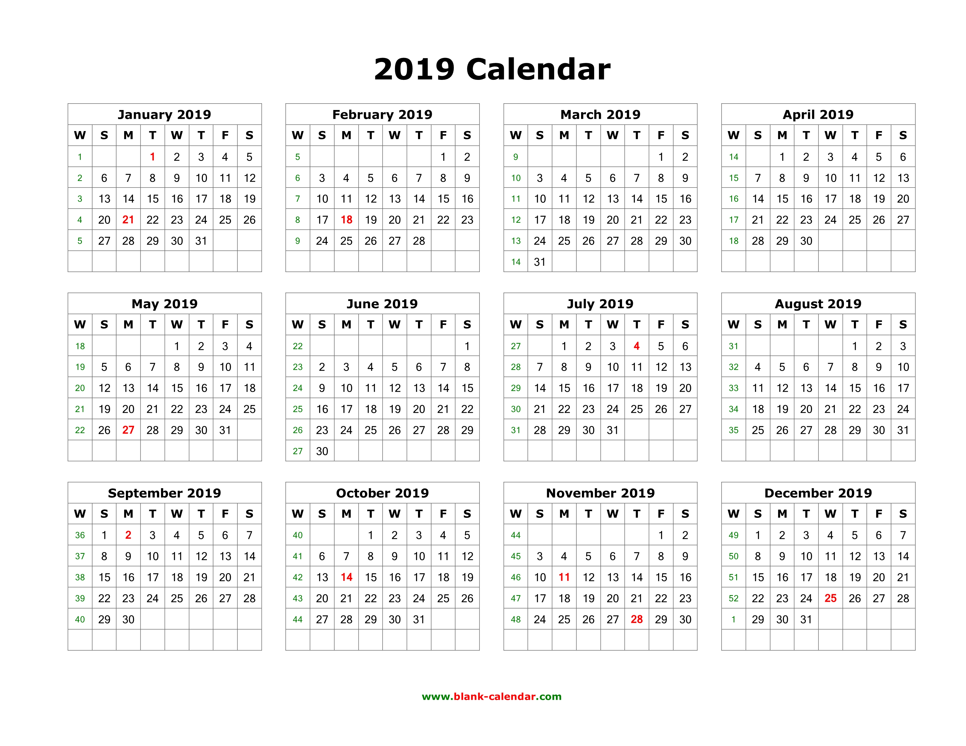 Download Blank Calendar 2019 (12 months on one page horizontal)