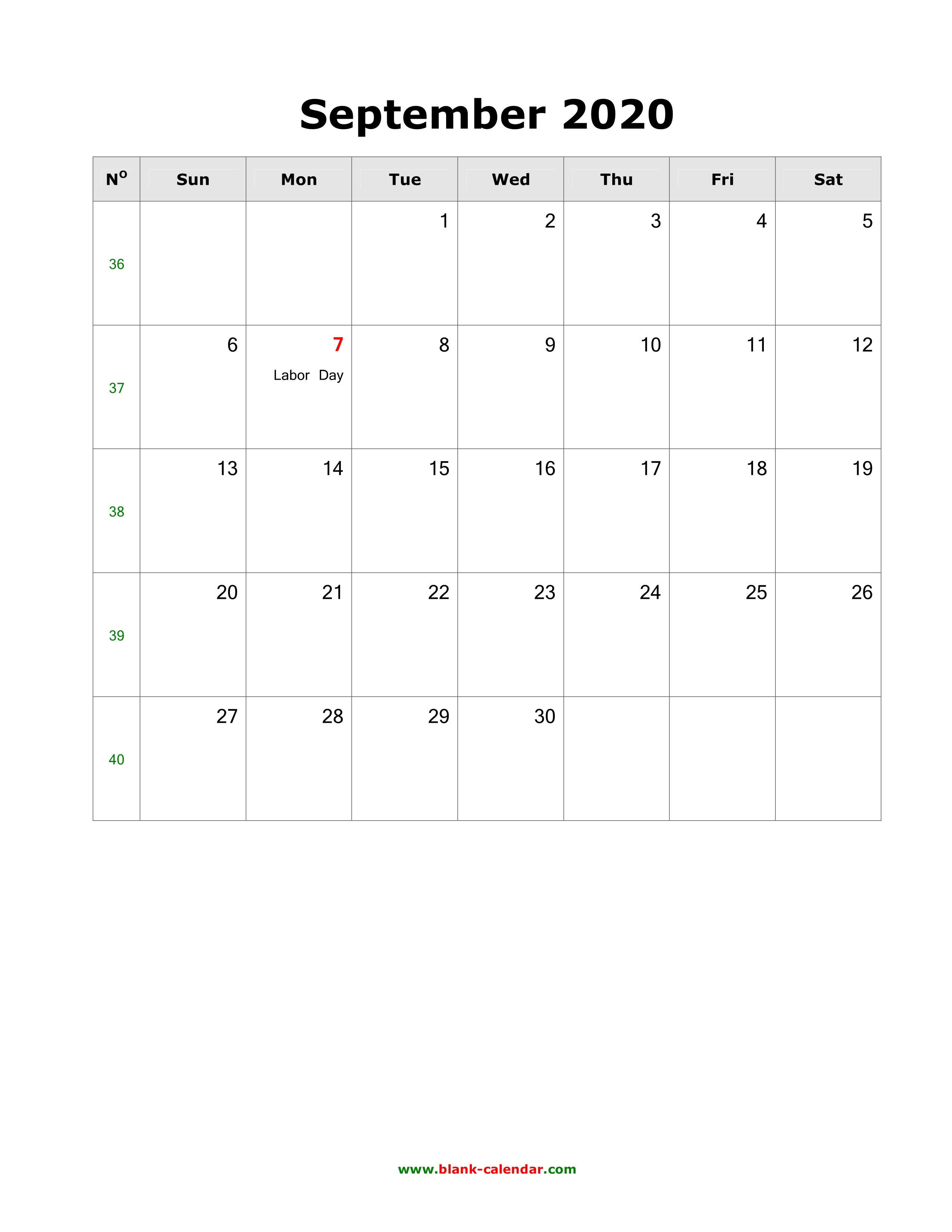 Download September 2020 Blank Calendar with US Holidays (vertical)