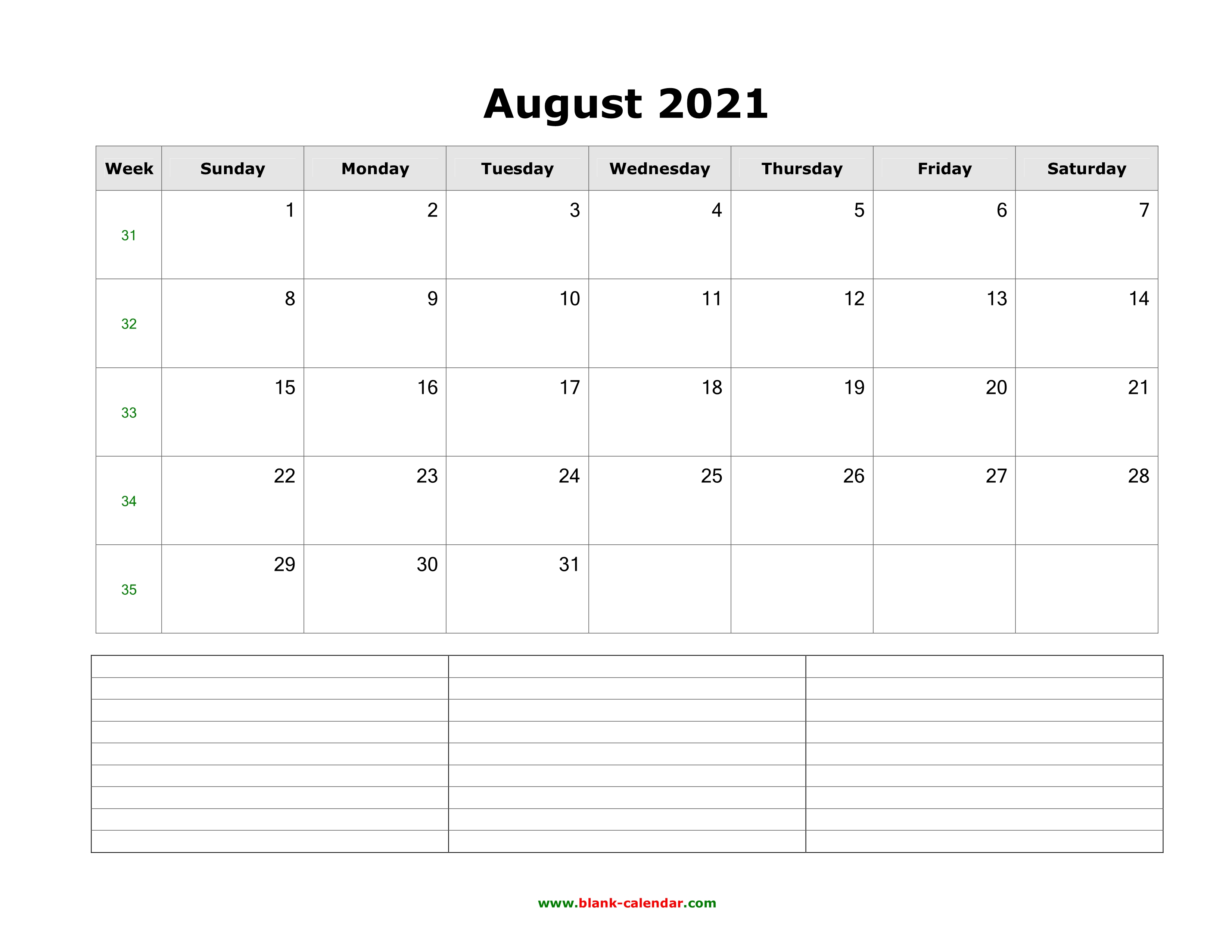 Download August 2021 Blank Calendar with Space for Notes (horizontal)