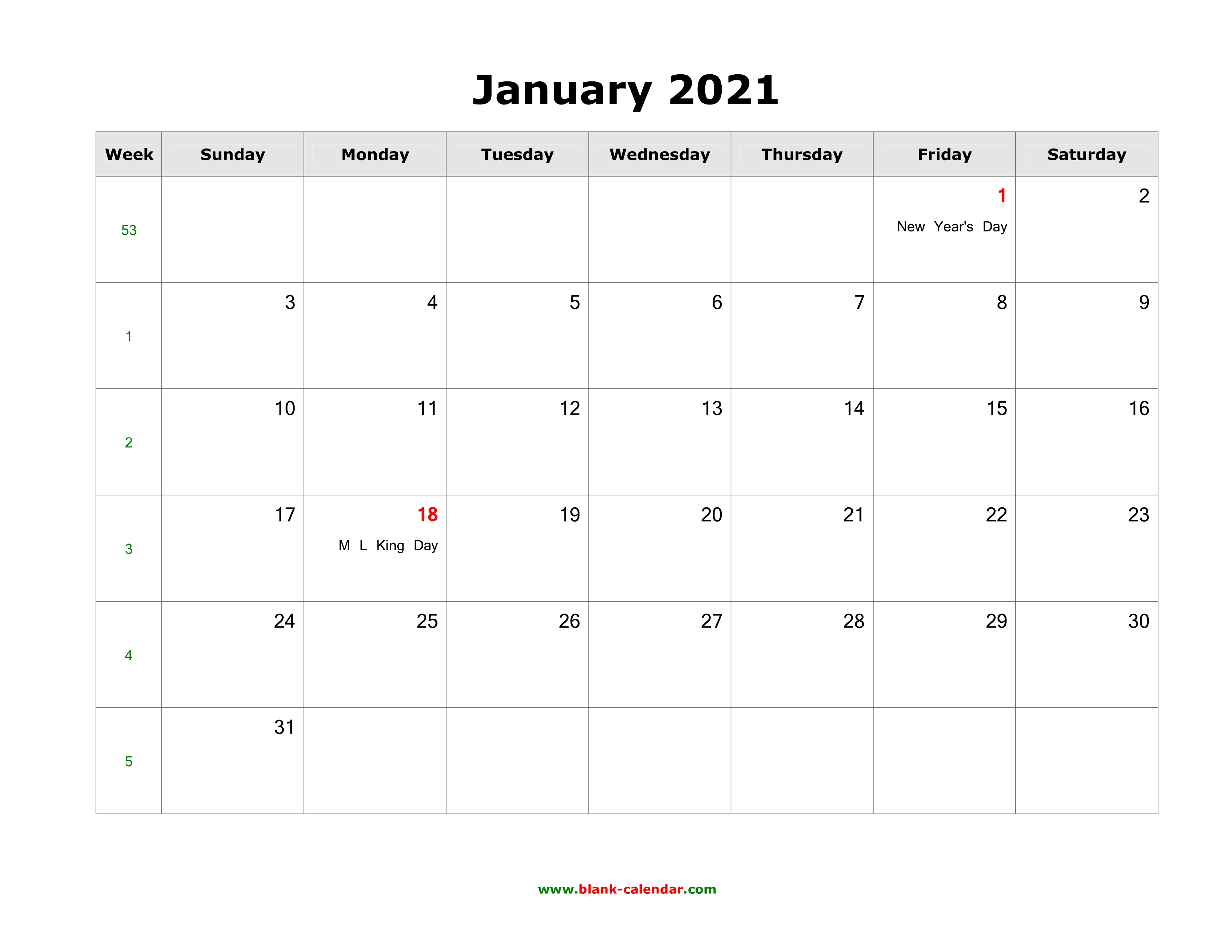 2021 Calendar January
