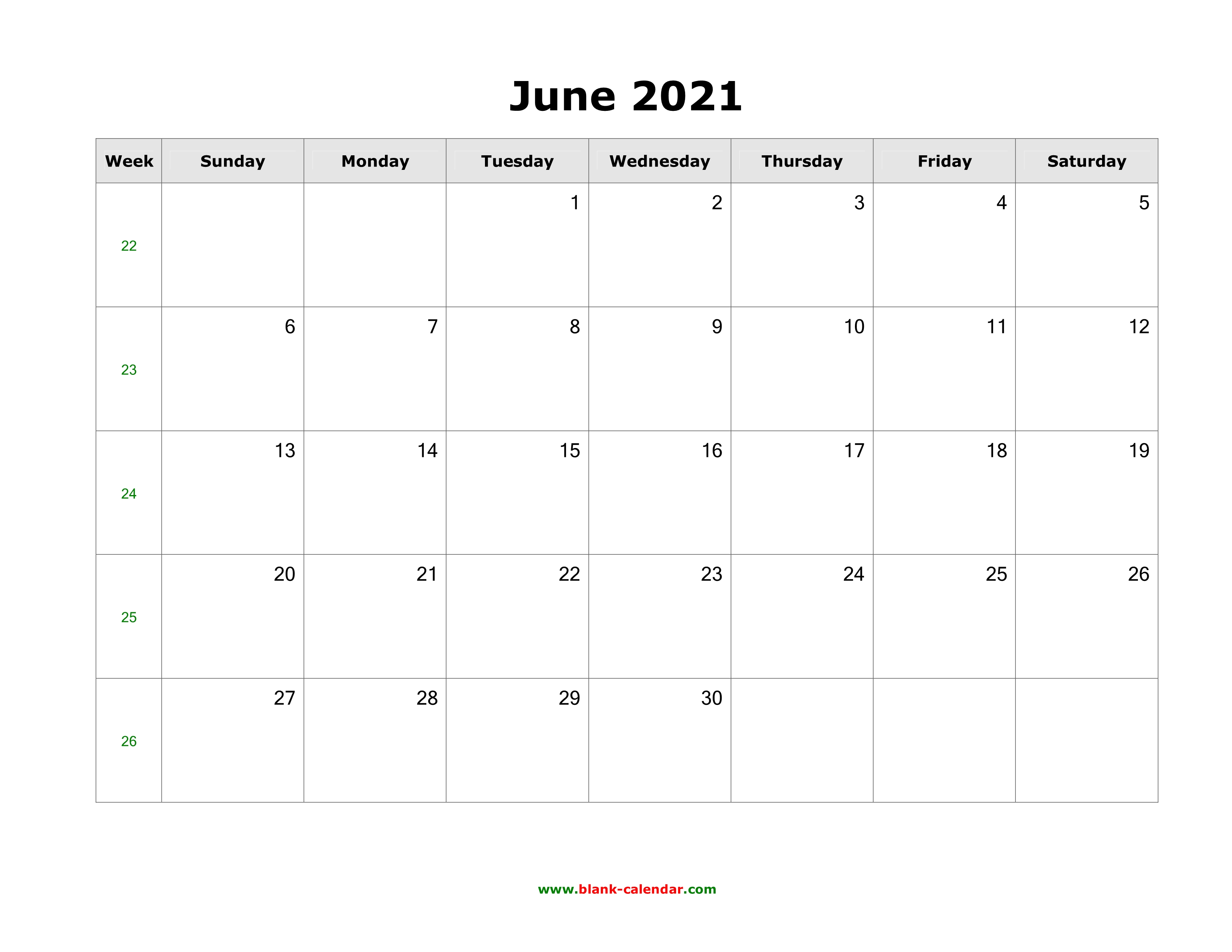 Printable Calendar June 2021 Landscape