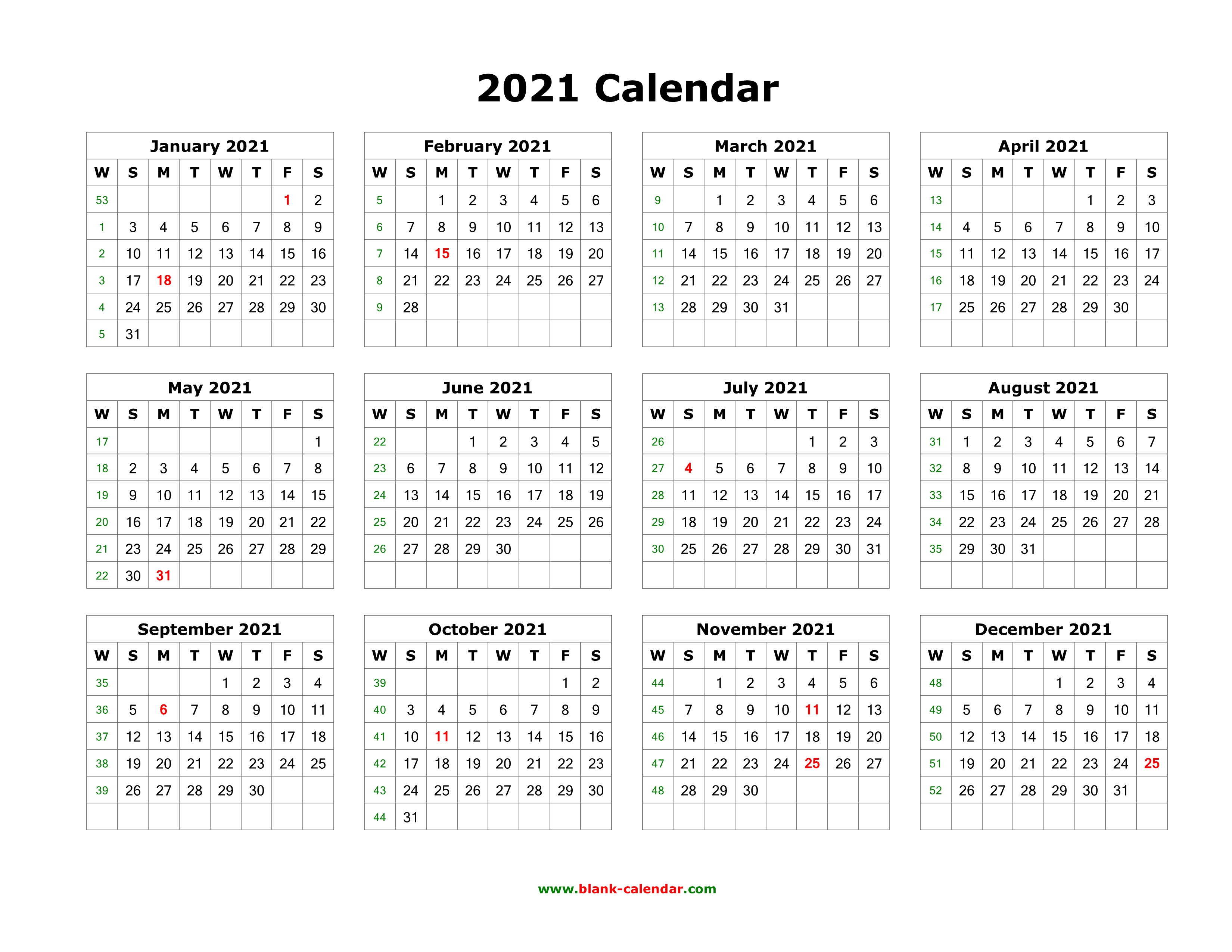 Download Blank Calendar 2021 (12 months on one page horizontal)