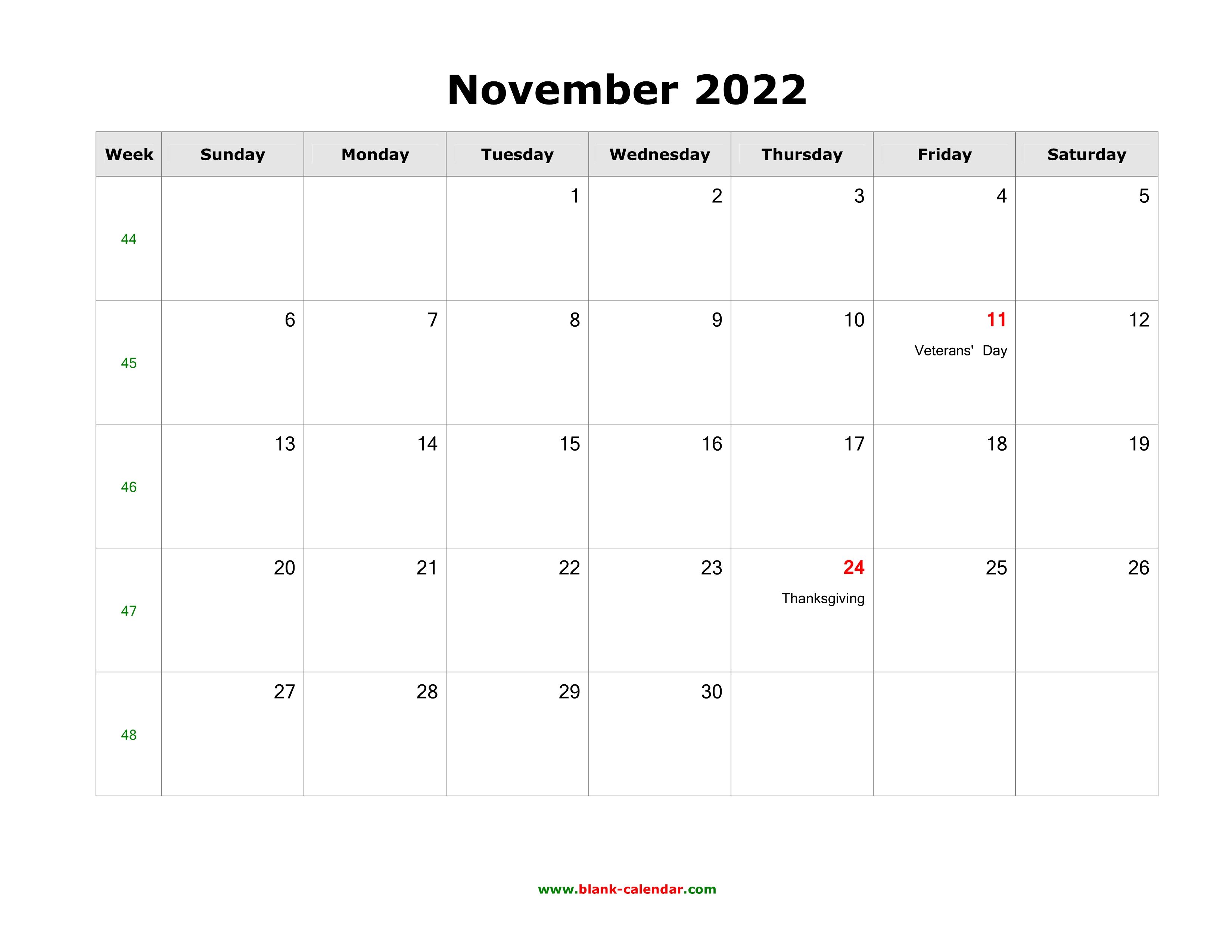 Download November 2022 Blank Calendar With Us Holidays (Horizontal)