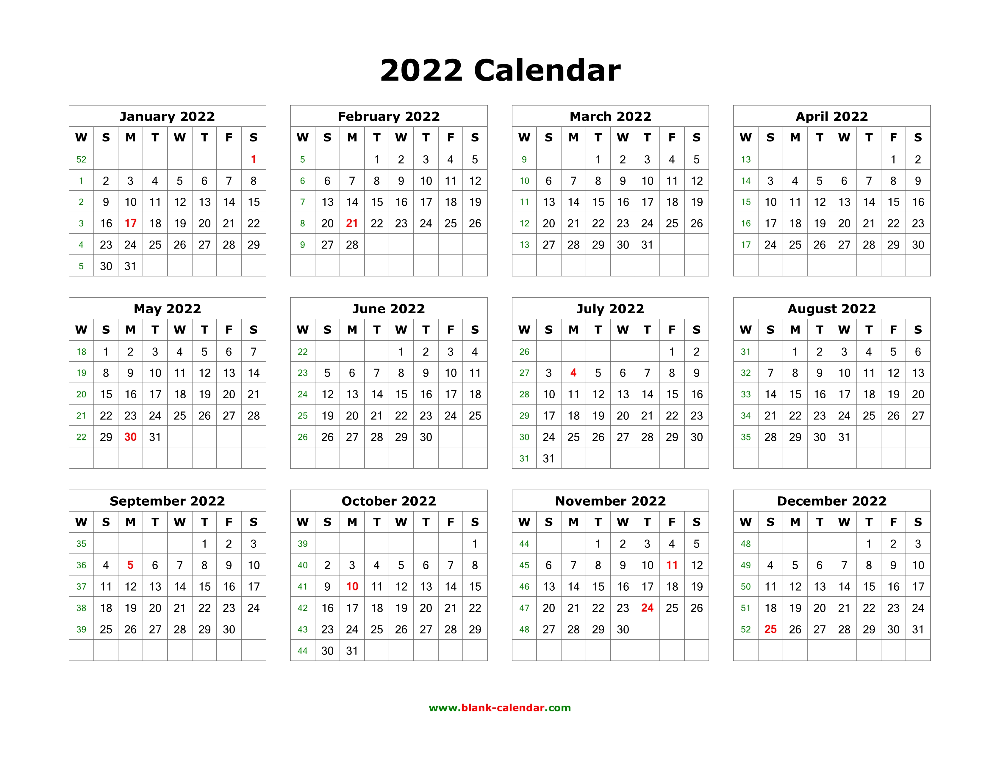 Download Blank Calendar 2022 (12 Months On One Page, Horizontal)