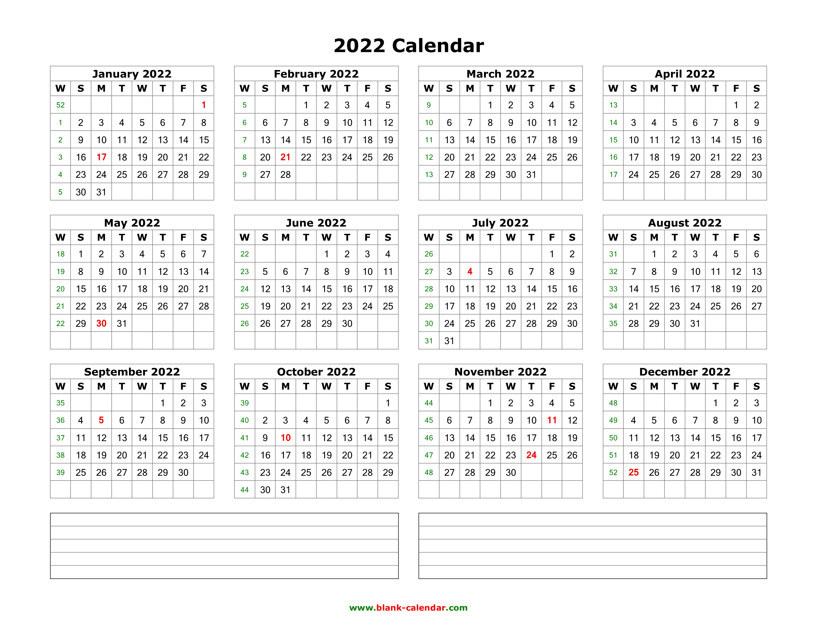 Download Blank Calendar 2022 With Space For Notes (12 Months On One Page, Horizontal)