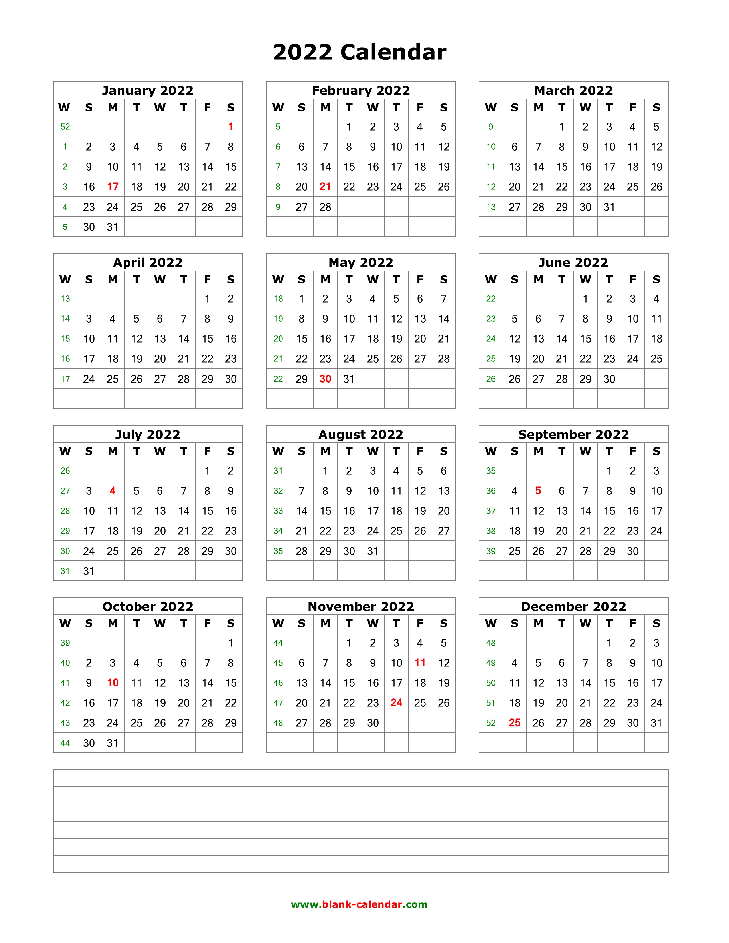 Calendar 2022 Printable One Page