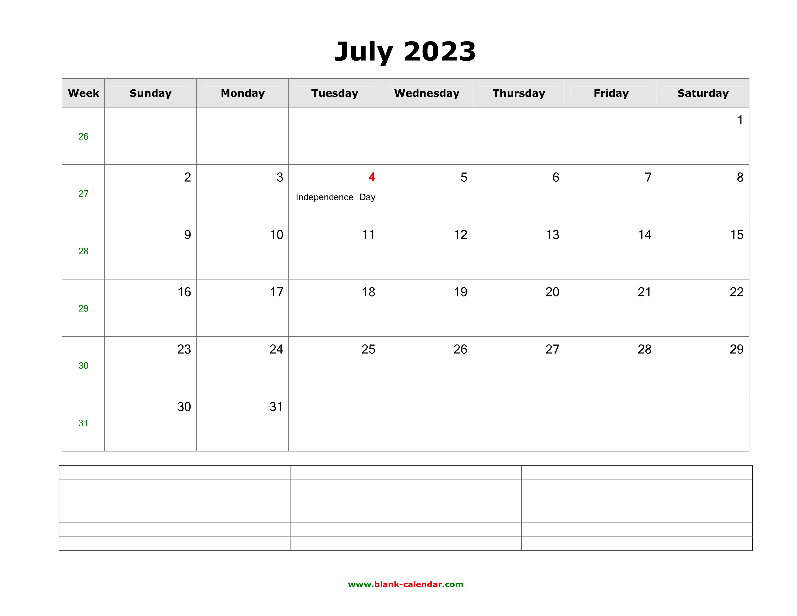 Download July 2023 Blank Calendar with Space for Notes (horizontal)