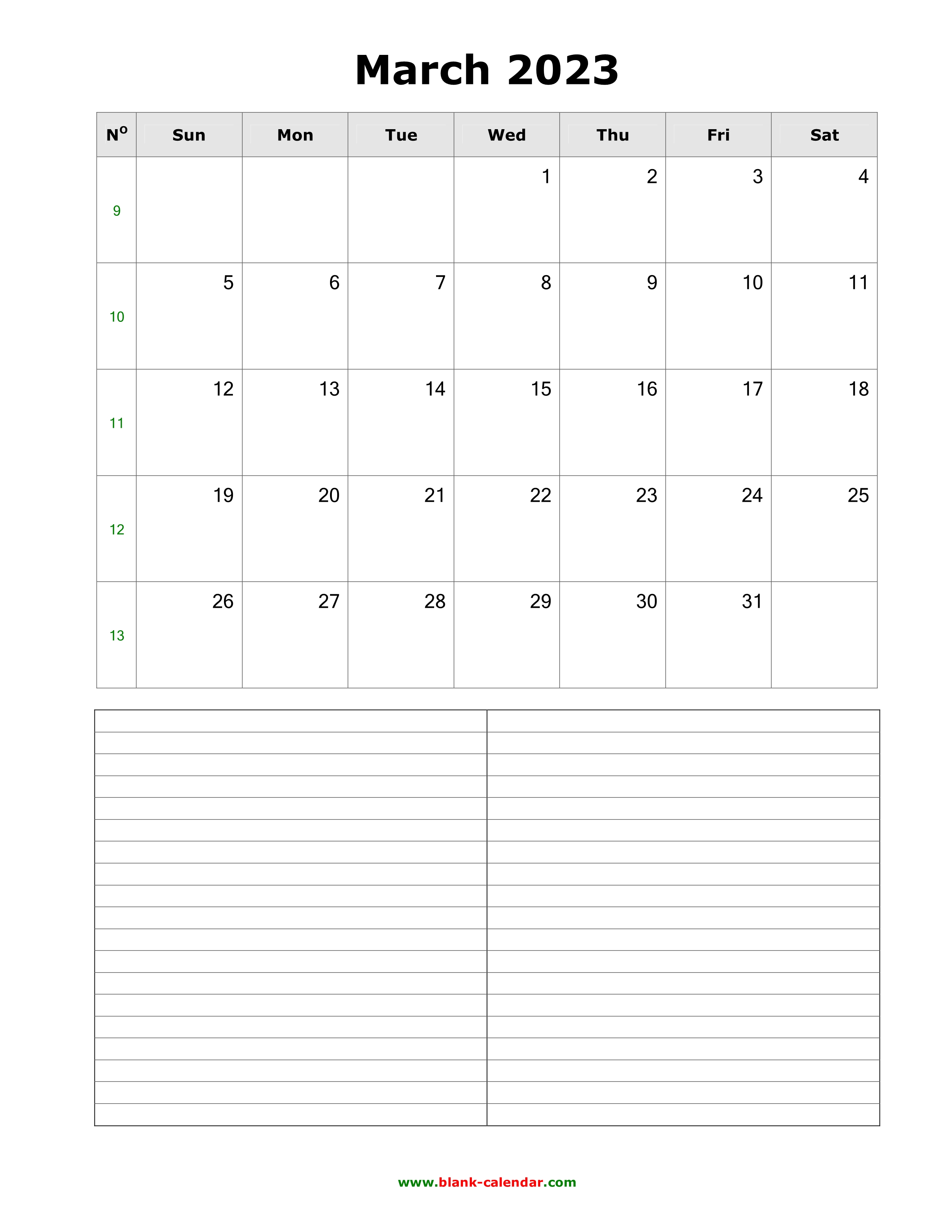 2023 Calendar With Notes Download March 2023 Blank Calendar With Space For Notes Vertical