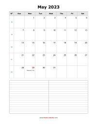 Download May 2023 Blank Calendar with Space for Notes (vertical)