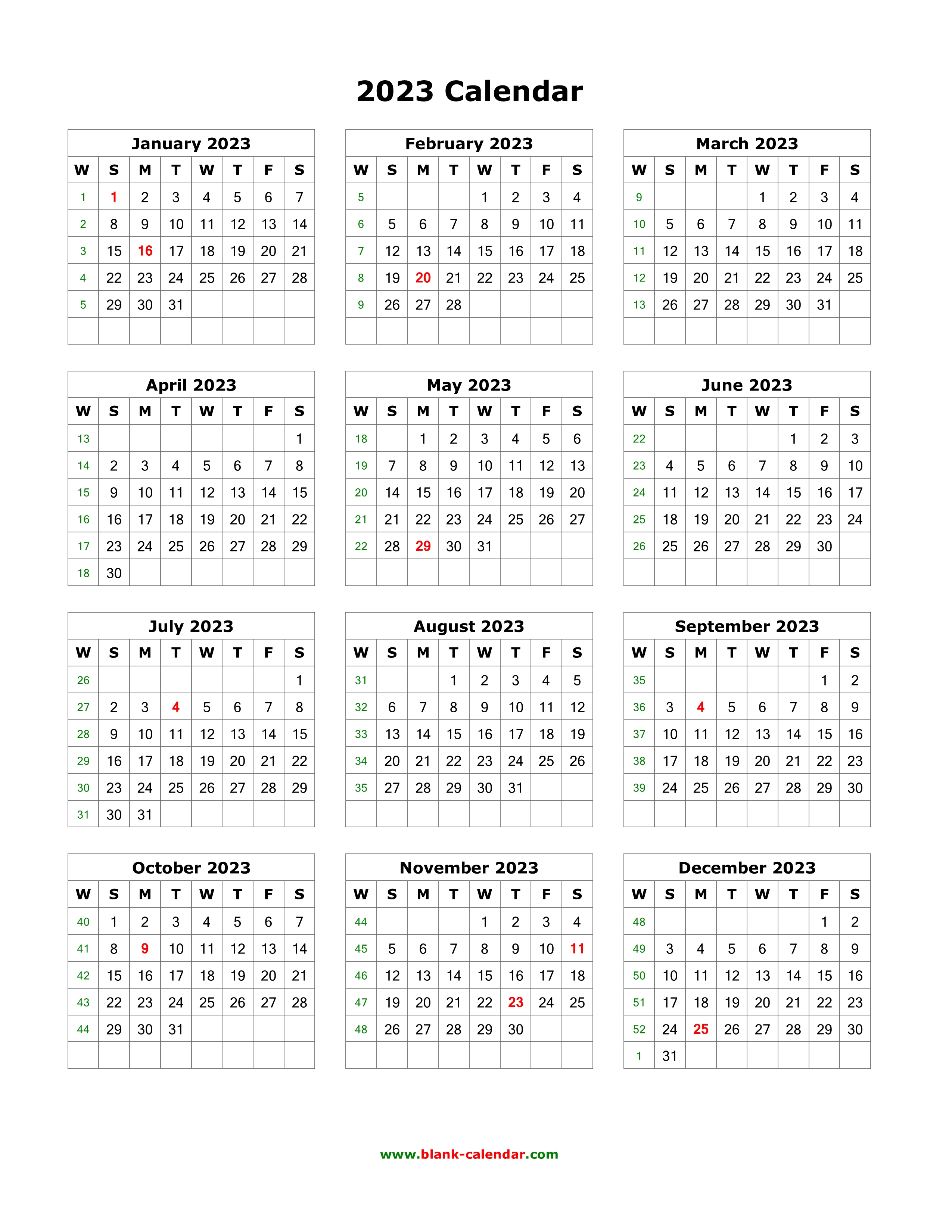 Download Blank Calendar 2023 (12 months on one page, vertical)