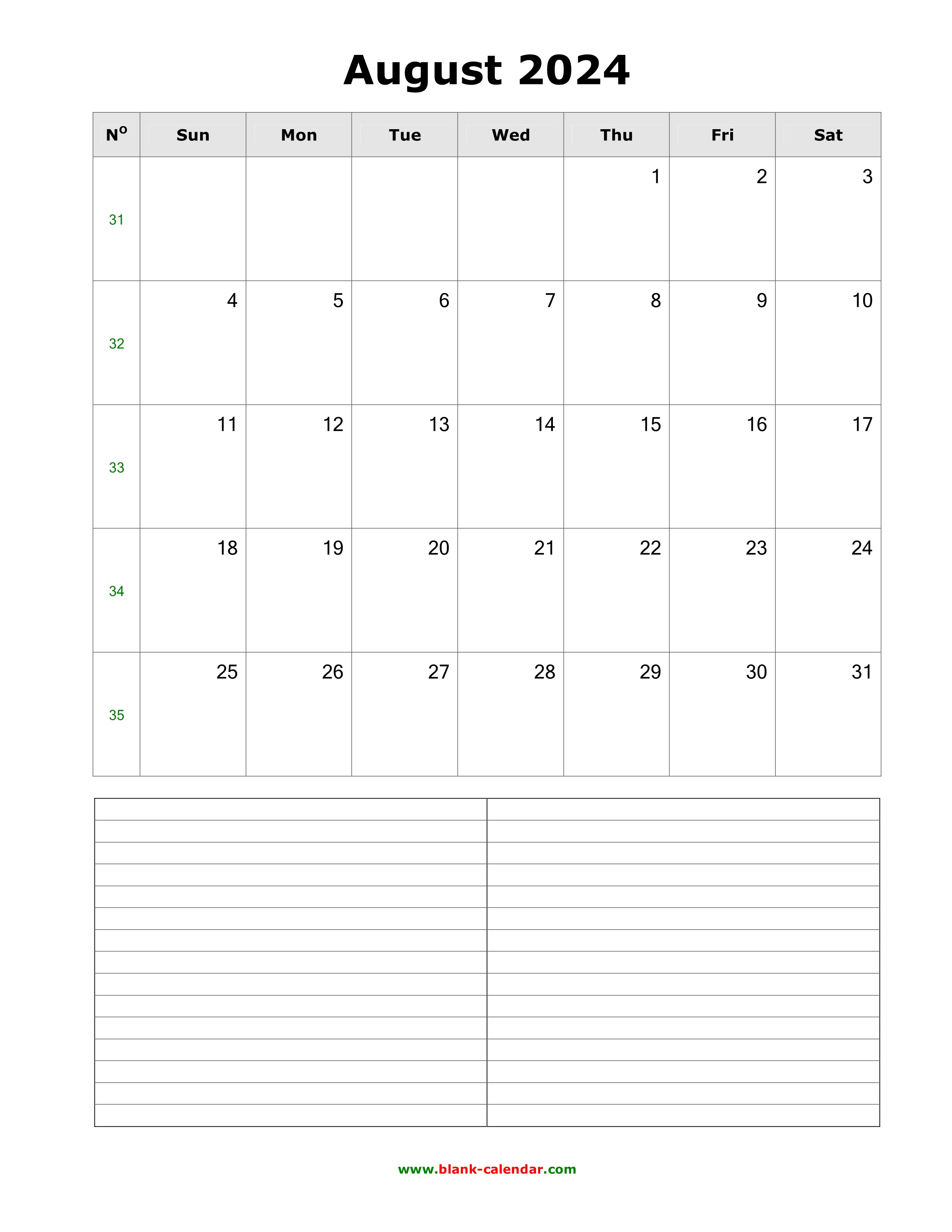 Download August 2024 Blank Calendar With Space For Notes vertical 