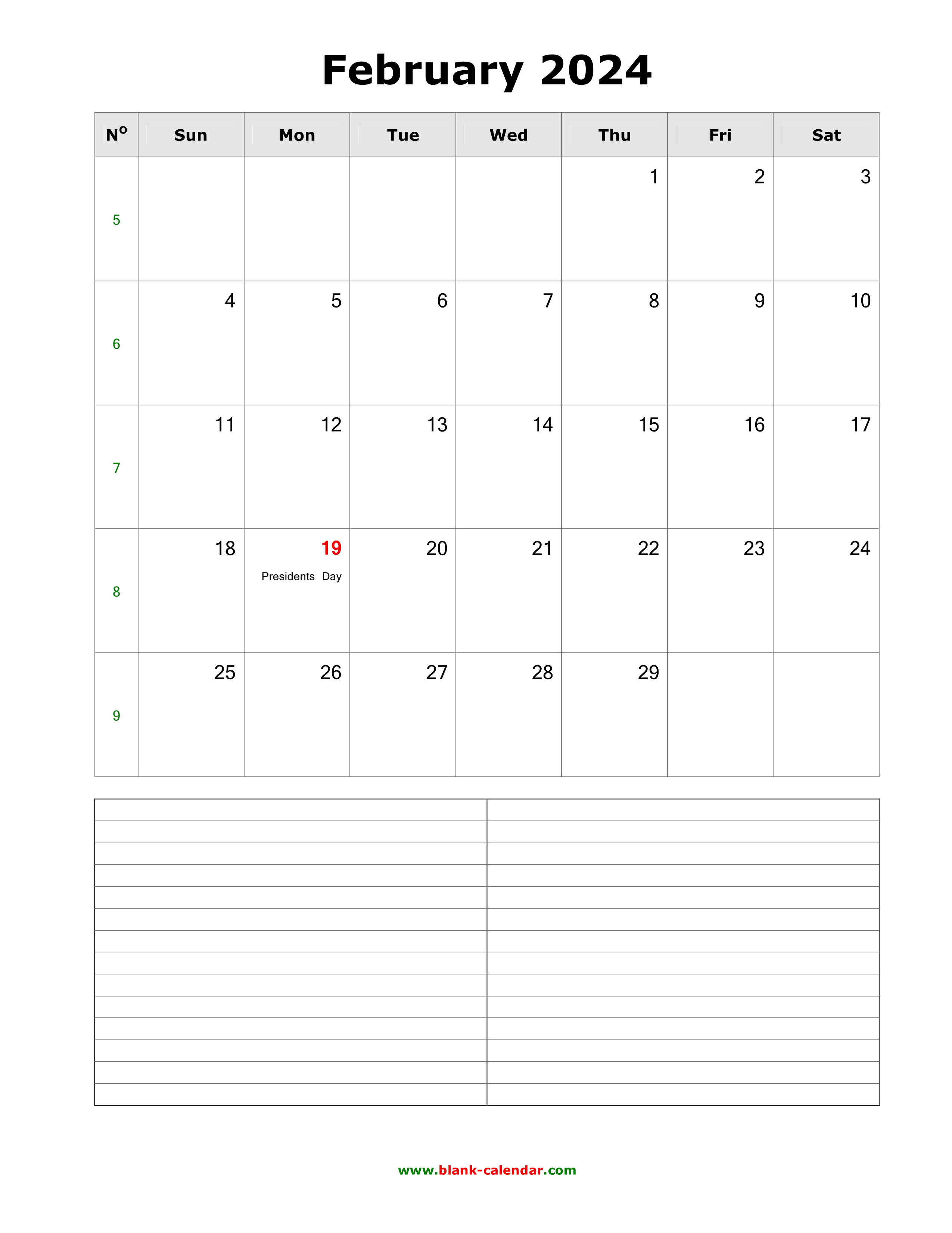 Download February 2024 Blank Calendar with Space for Notes (vertical)