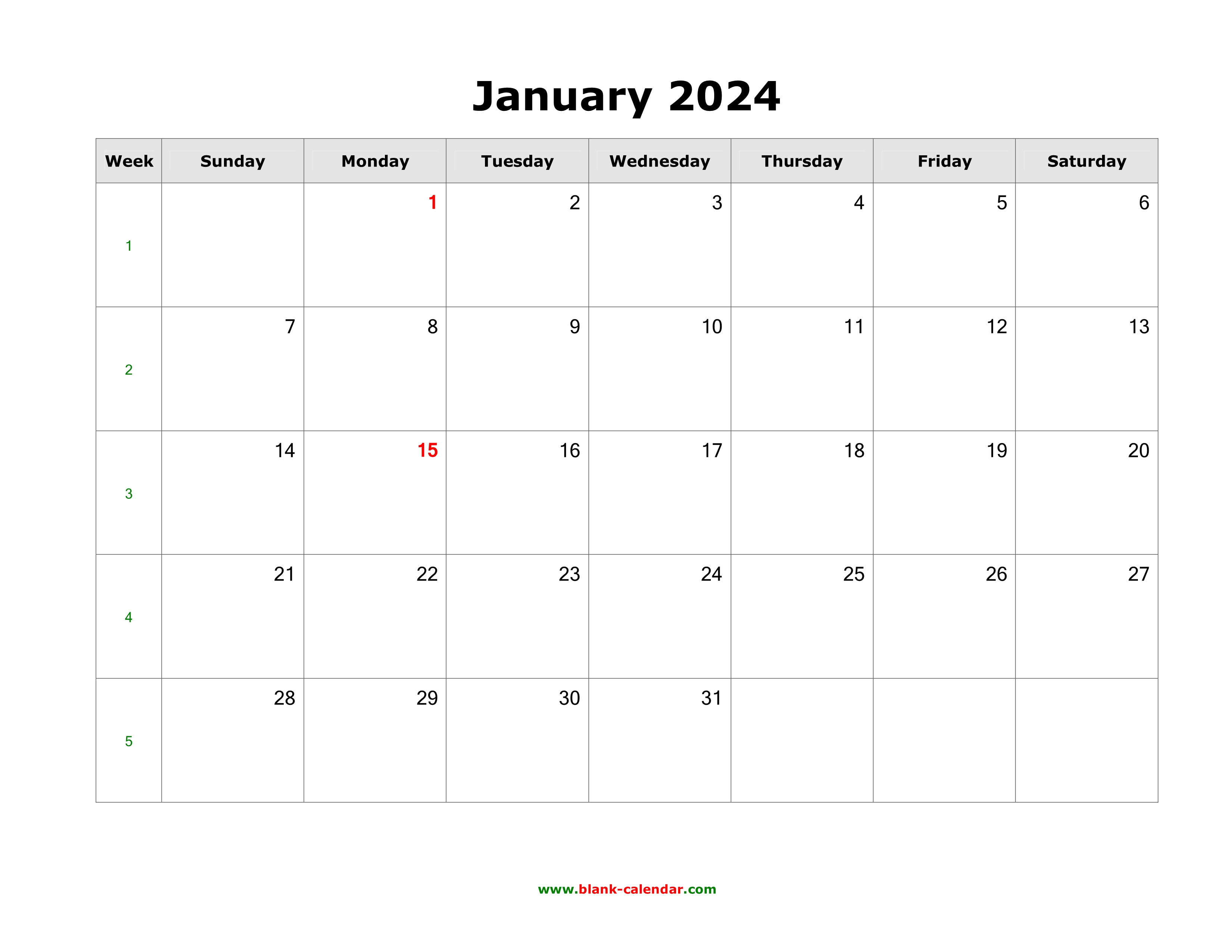 Download January 2024 Blank Calendar (horizontal)
