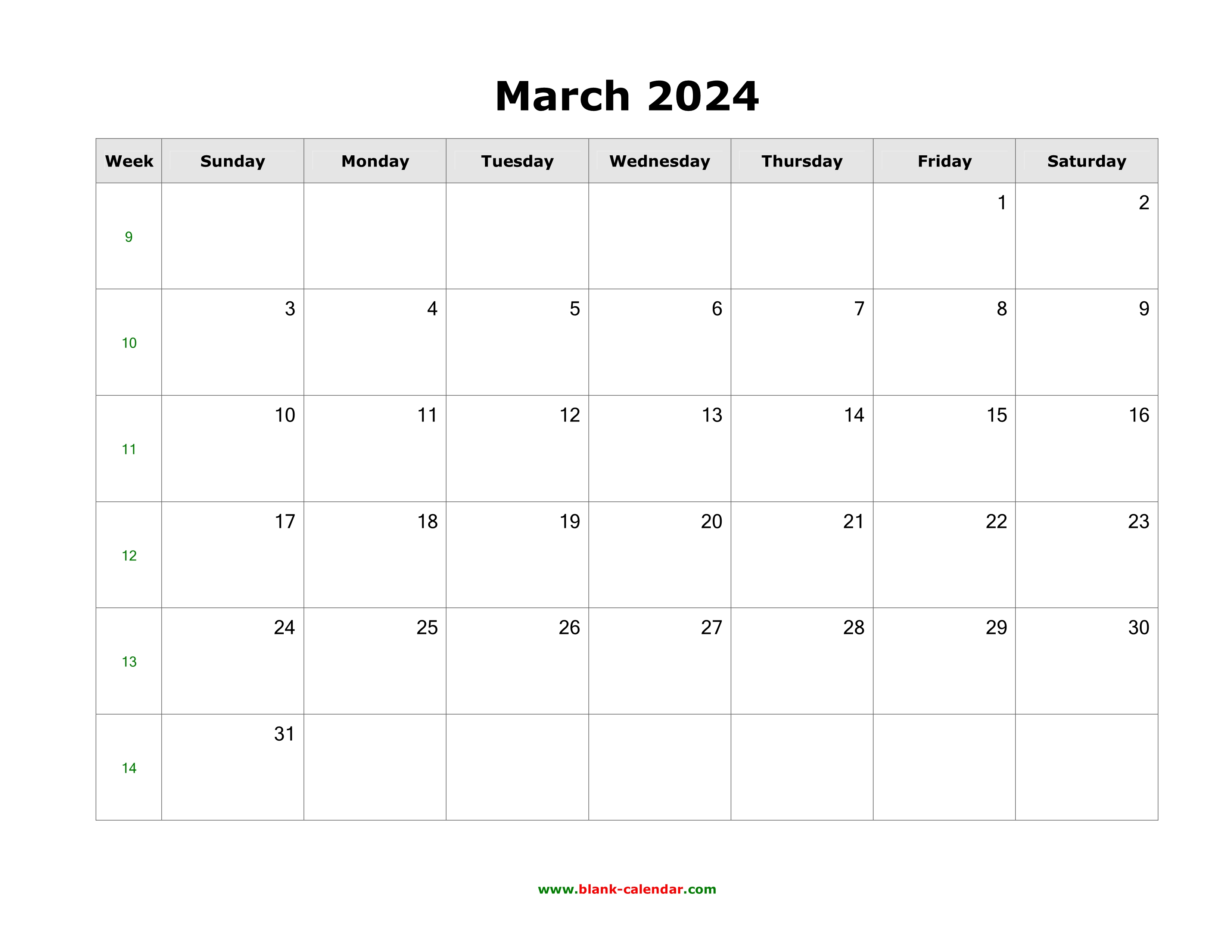 Download March 2024 Blank Calendar horizontal 