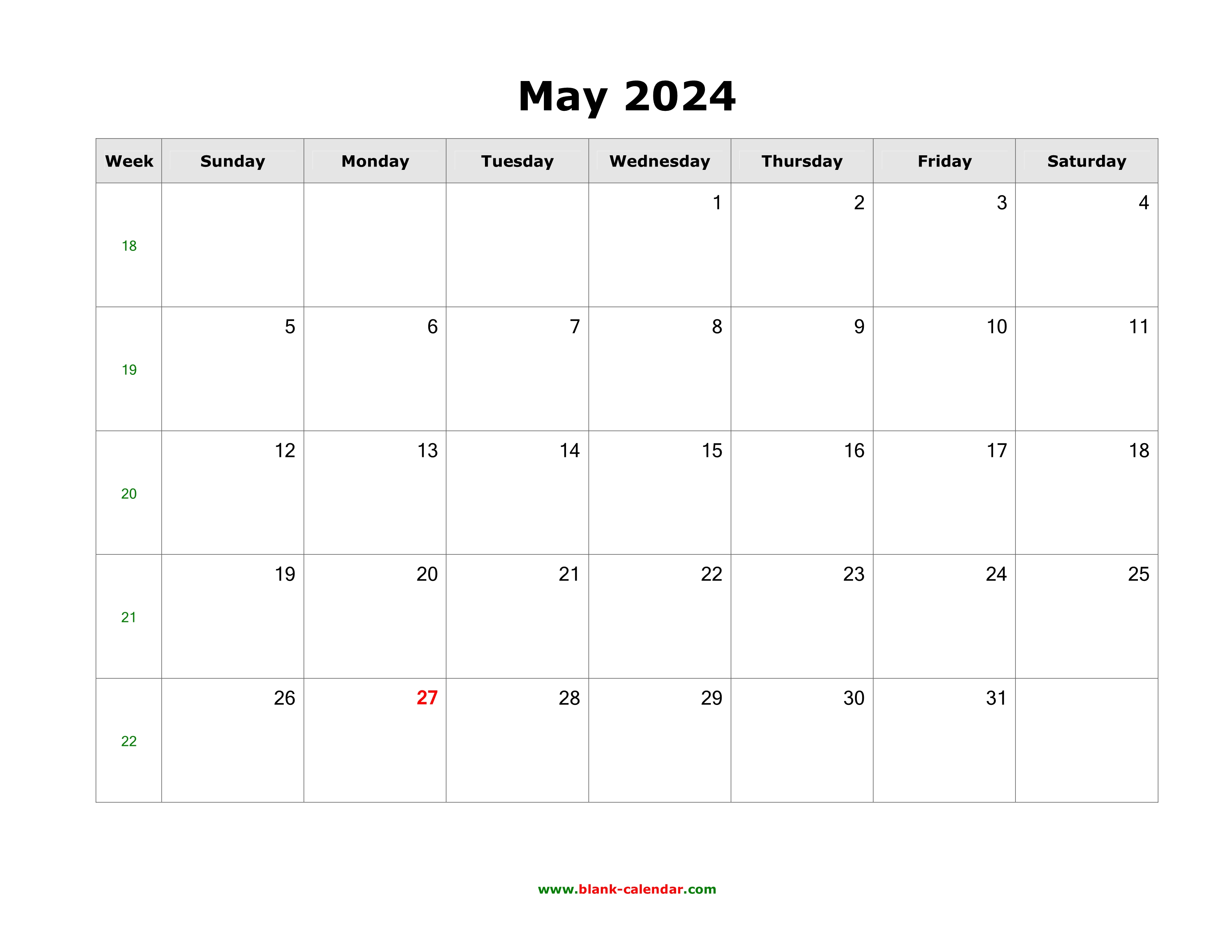 Download May 2024 Blank Calendar (horizontal)