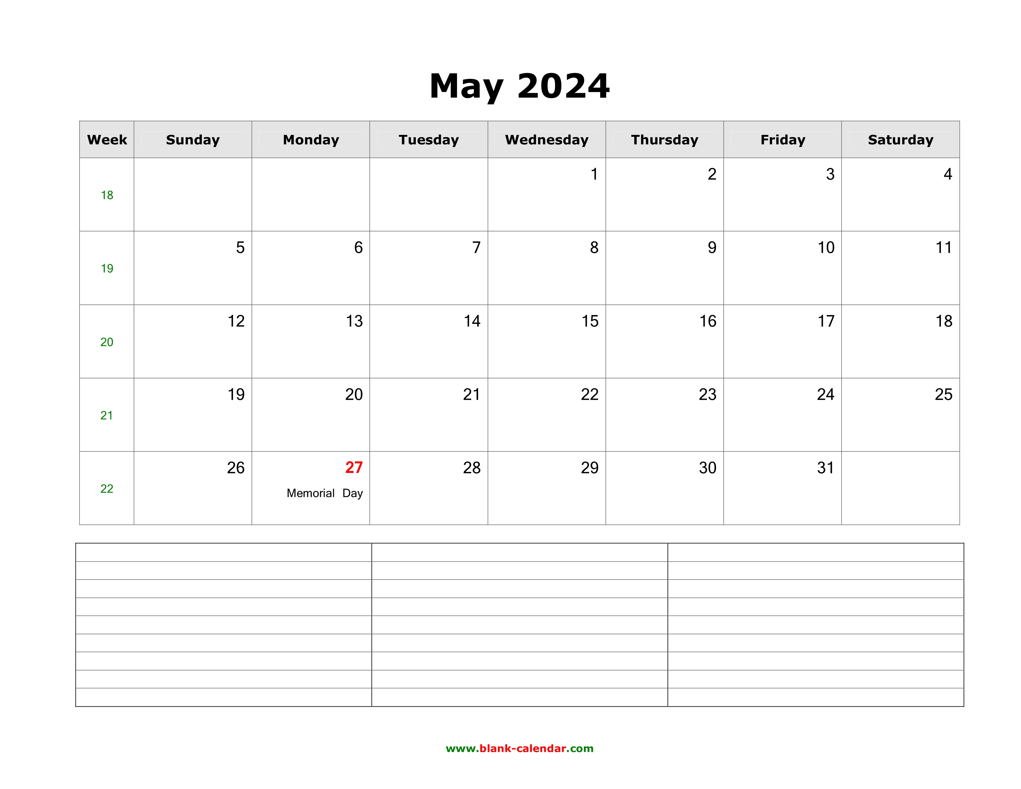 Download May 2024 Blank Calendar with Space for Notes (horizontal)