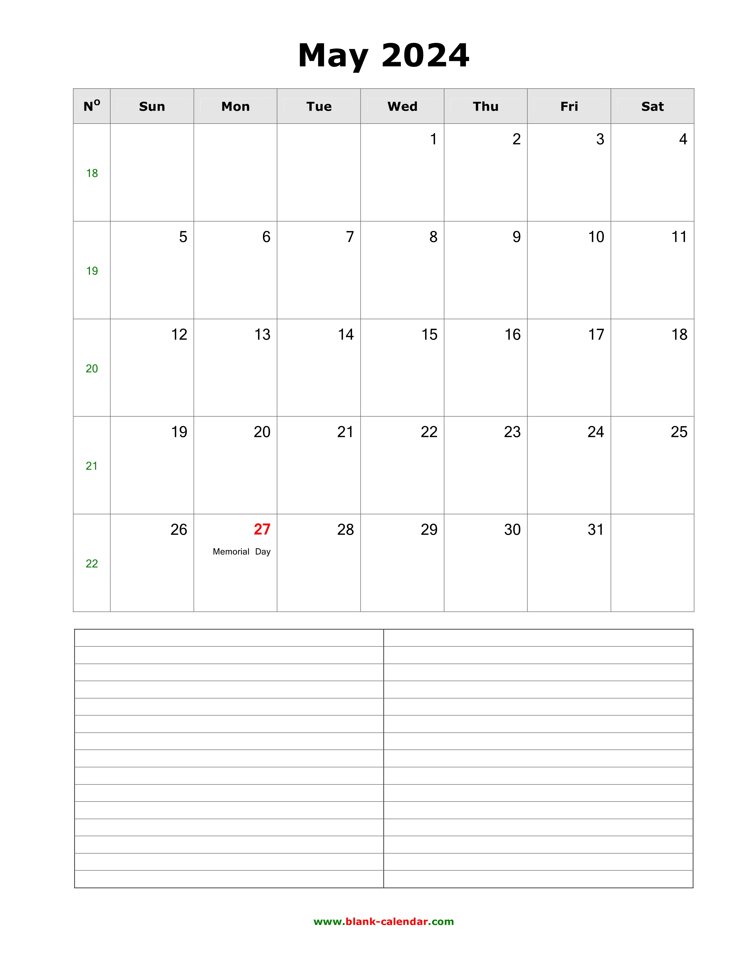 Download May 2024 Blank Calendar with Space for Notes (vertical)