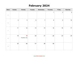 Download February 2024 Blank Calendar with US Holidays (horizontal)