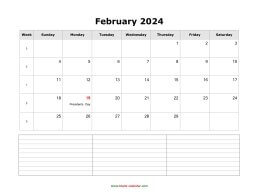 Download February 2024 Blank Calendar with Space for Notes (horizontal)