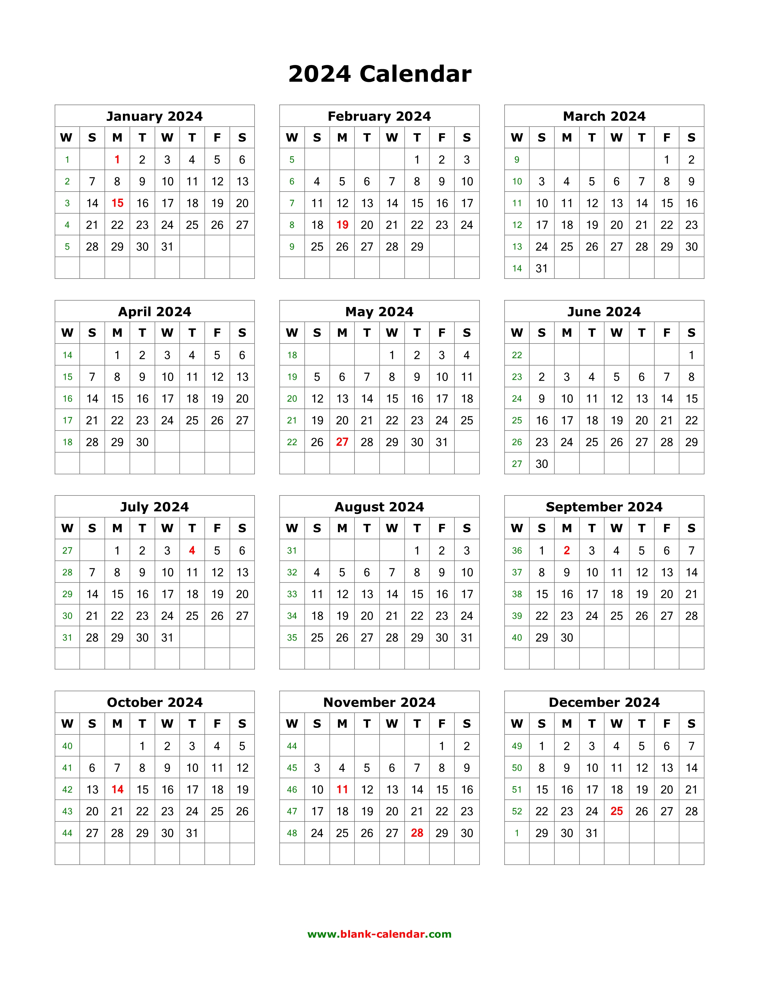 Download Blank Calendar 2024 (12 months on one page, vertical)