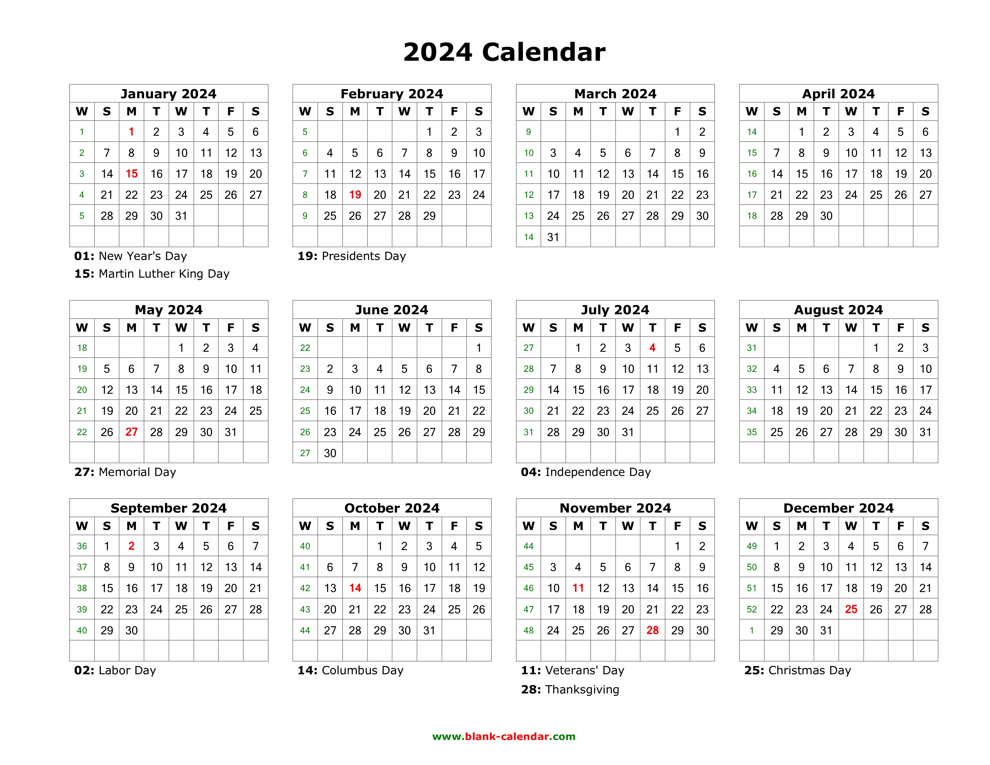 Download Blank Calendar 2024 With US Holidays 12 Months On One Page 