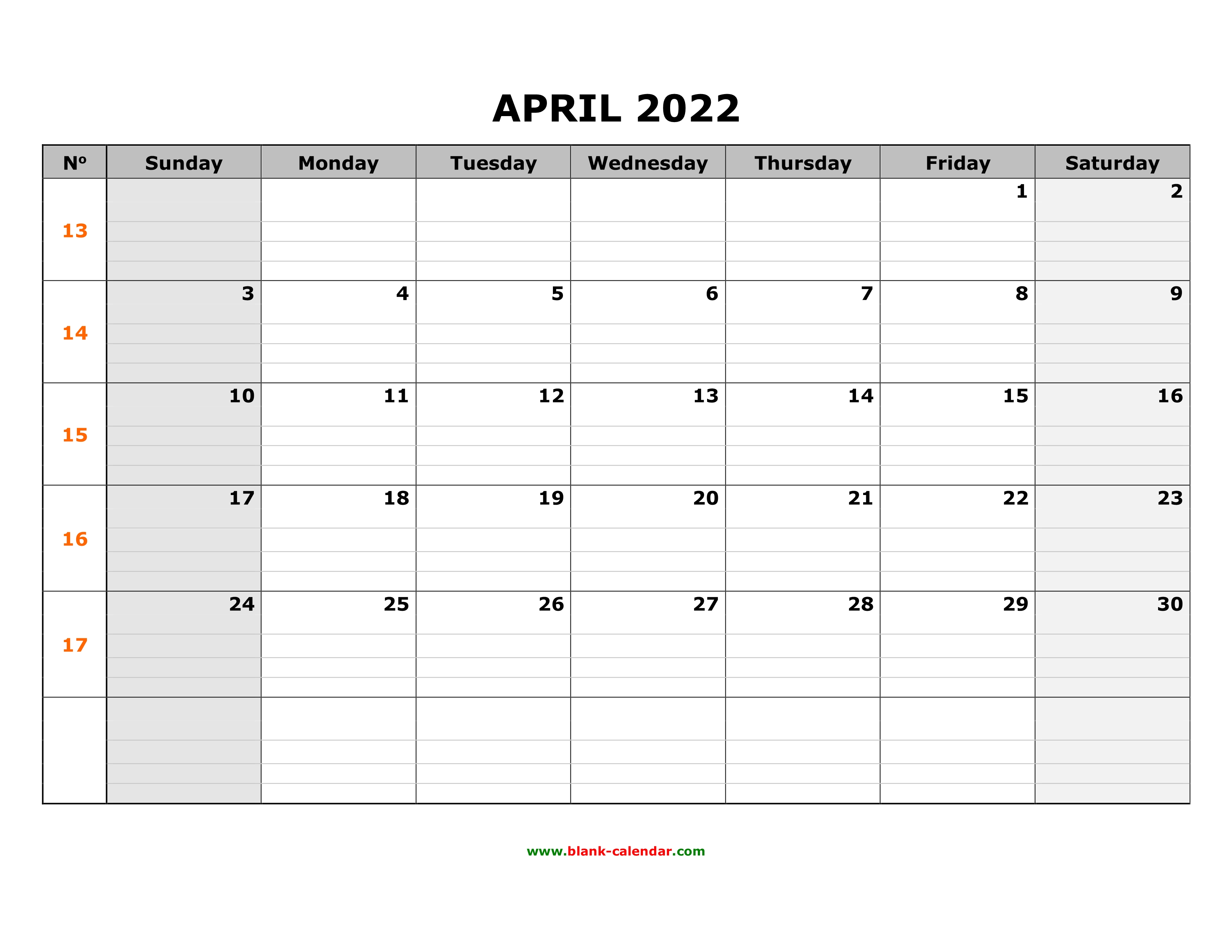 Free Download Printable April 2022 Calendar Large Box Grid Space For