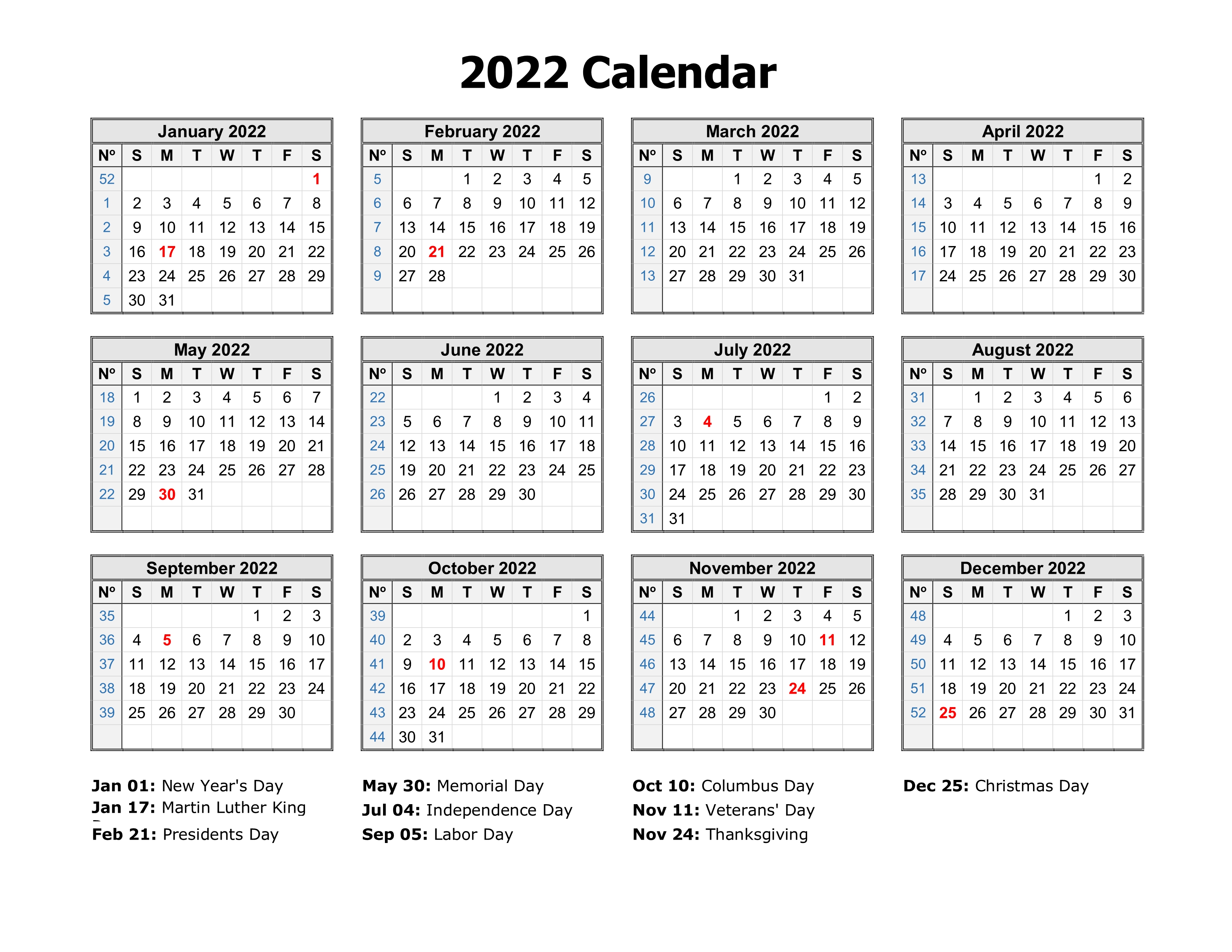Calendar 2022 Printable One Page