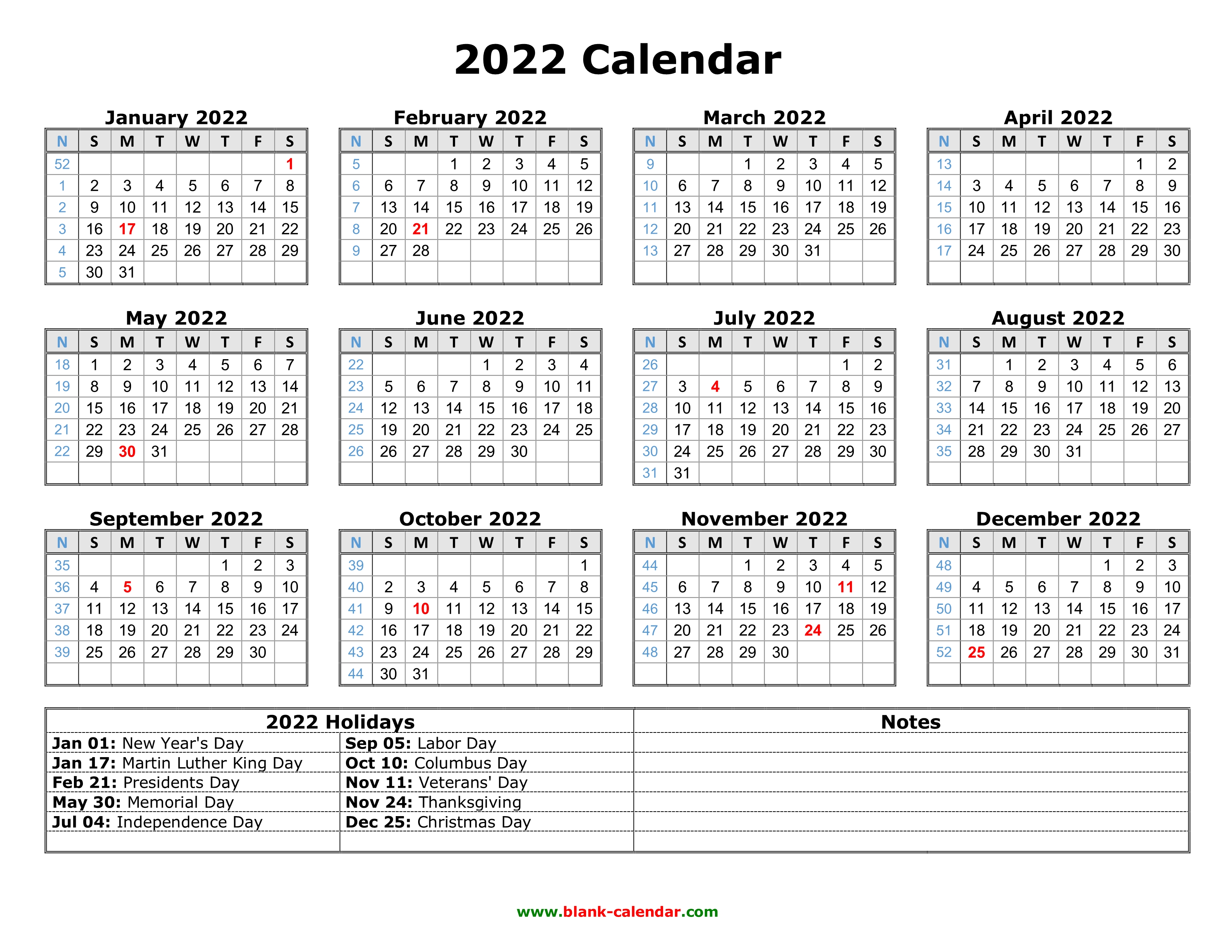 free download printable calendar 2022 with us federal holidays one page horizontal