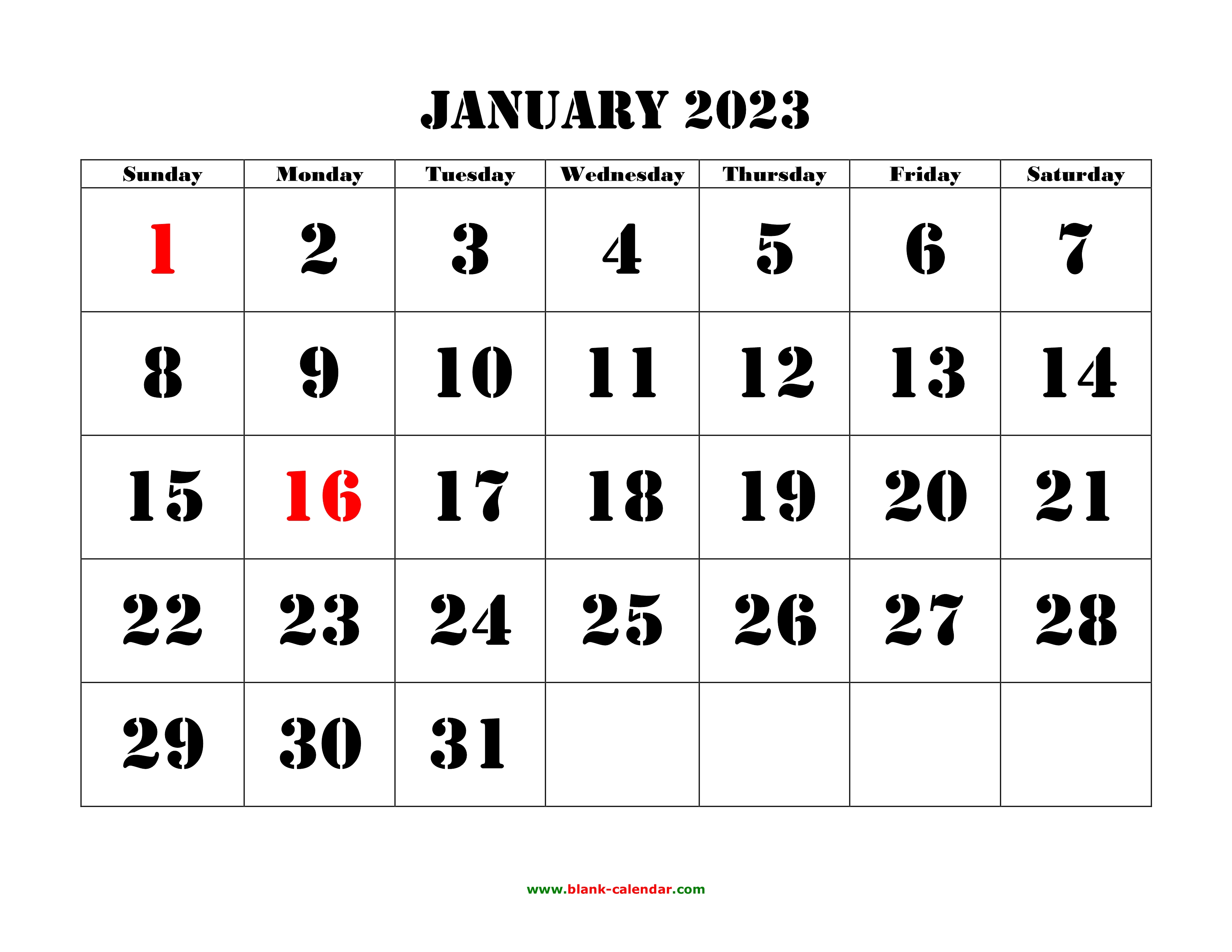 Free Download Printable January 2023 Calendar, large font design