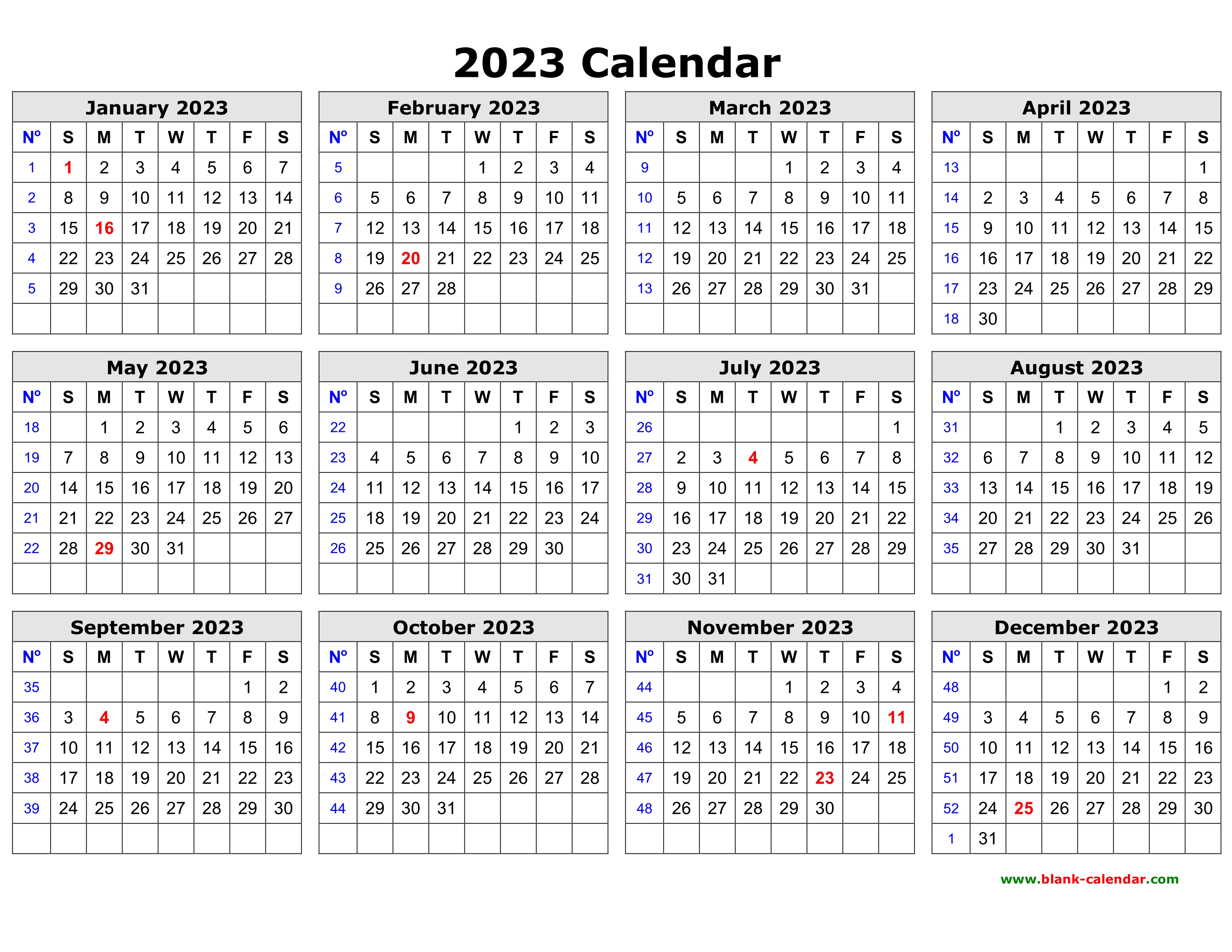 Printable Yearly 2023 Calendar Clean Design 