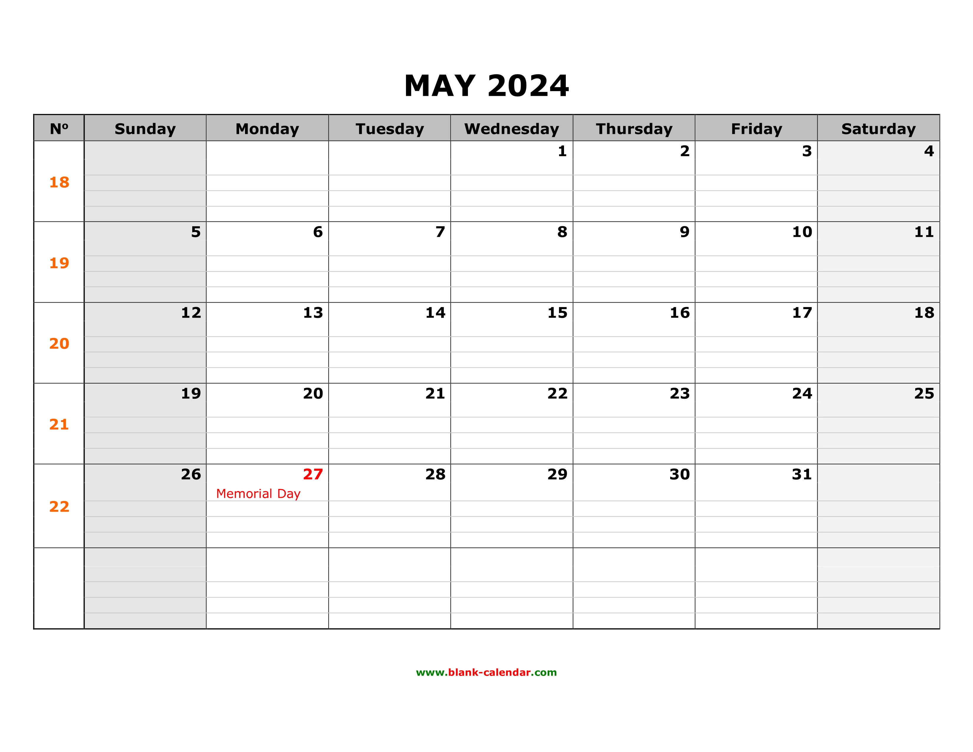 Free Download Printable May 2024 Calendar, large box grid, space for notes