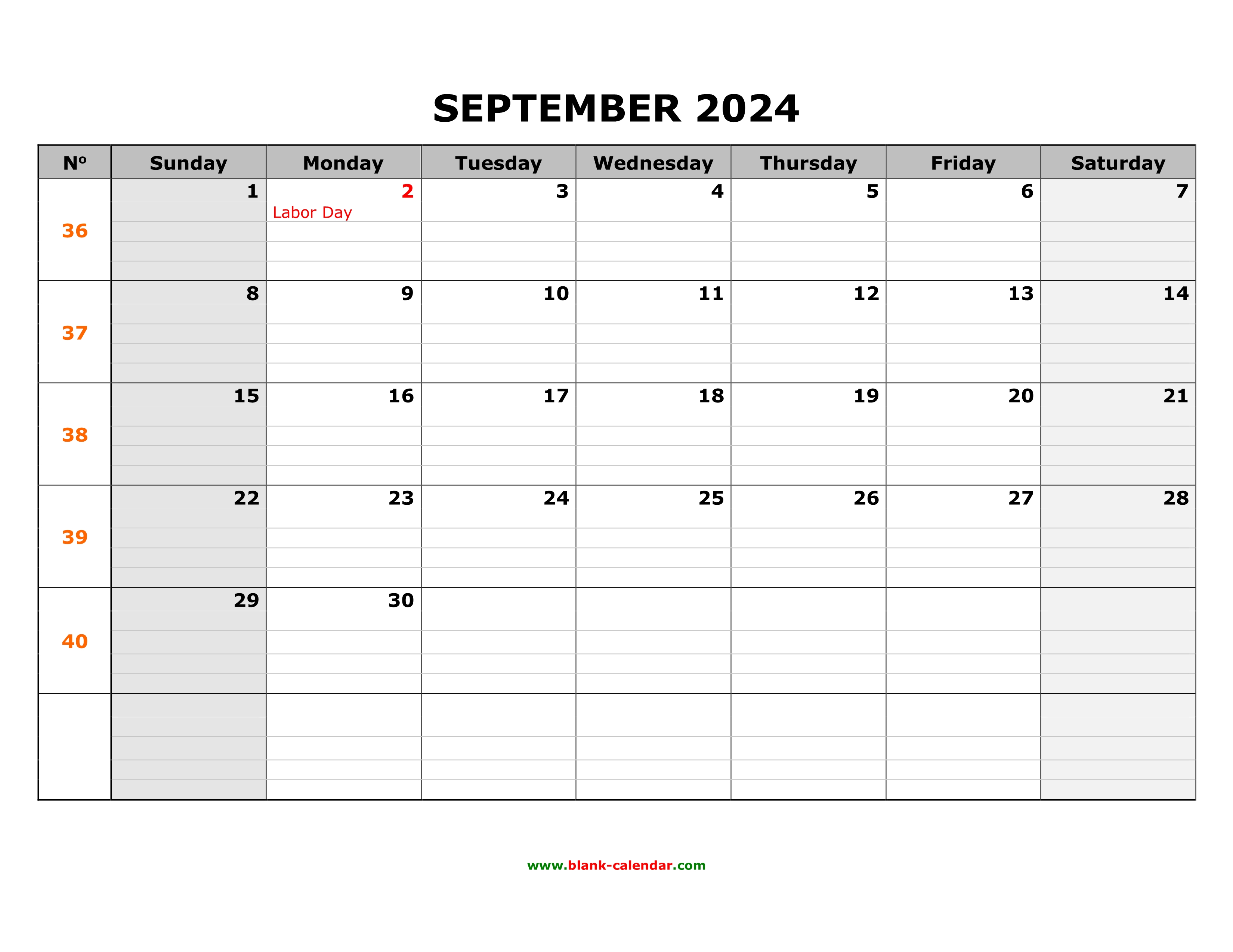 Free Download Printable September 2024 Calendar, large box grid, space