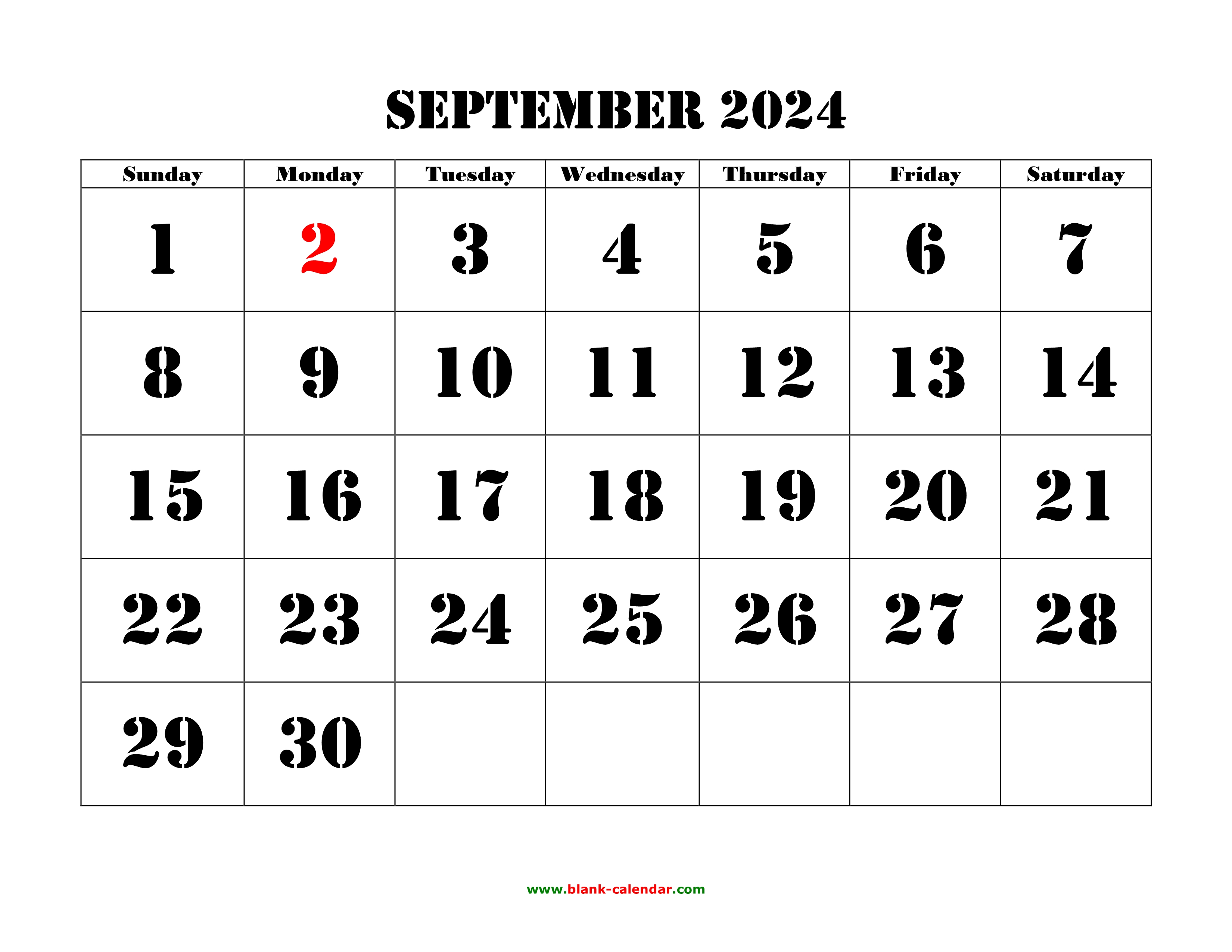 Free Download Printable September 2024 Calendar, large font design