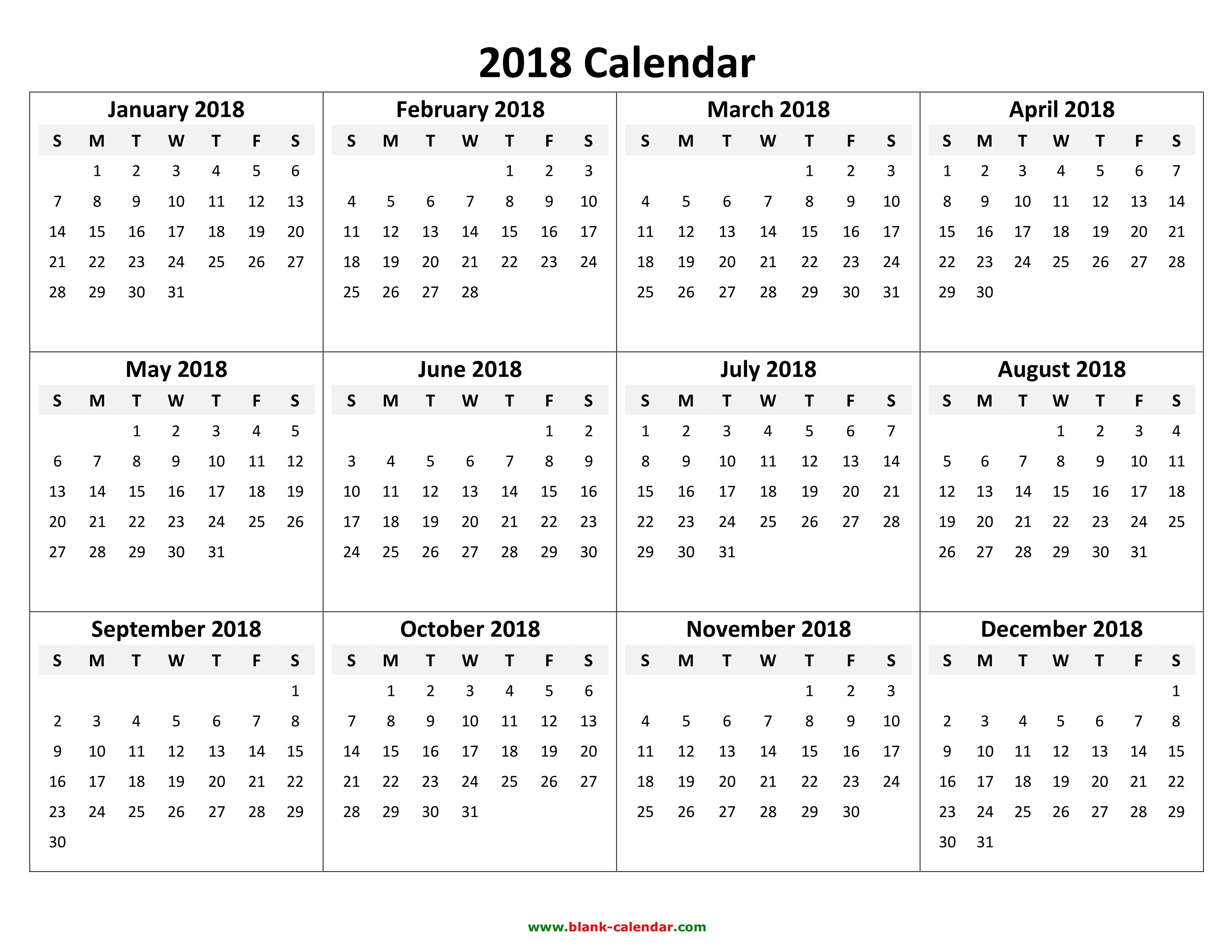 Yearly Calendar 2018 Free Download and Print