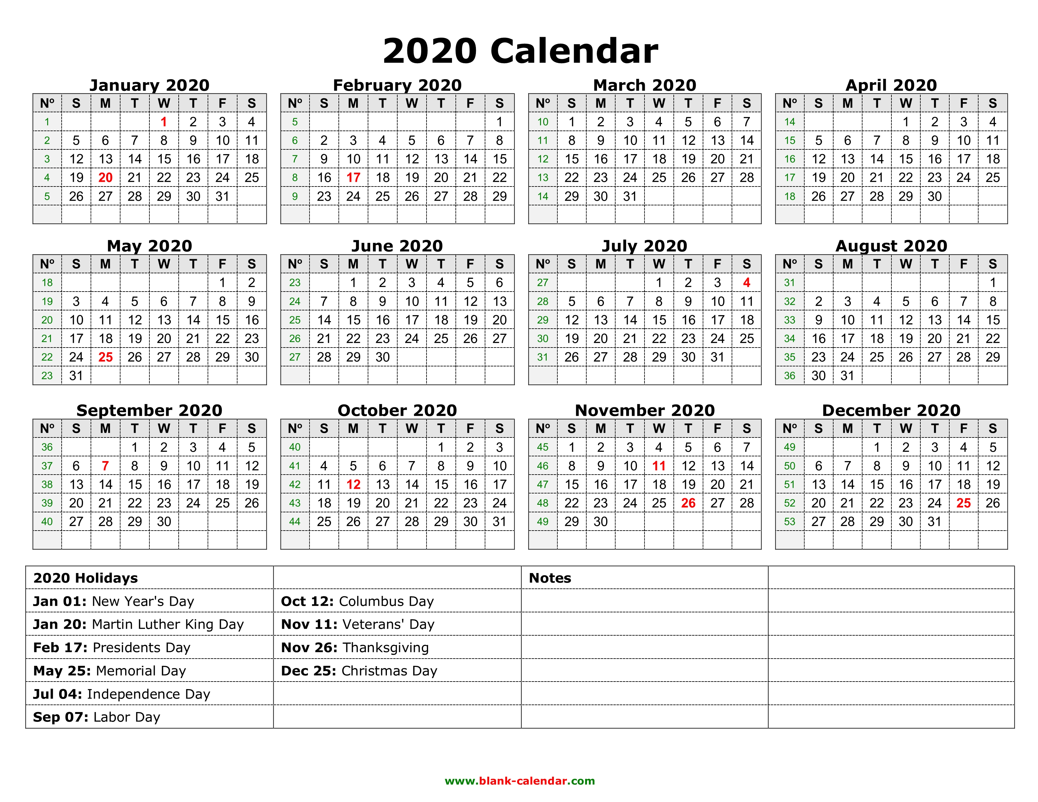Free Printable 2020 Yearly Calendar With Holidays - vrogue.co