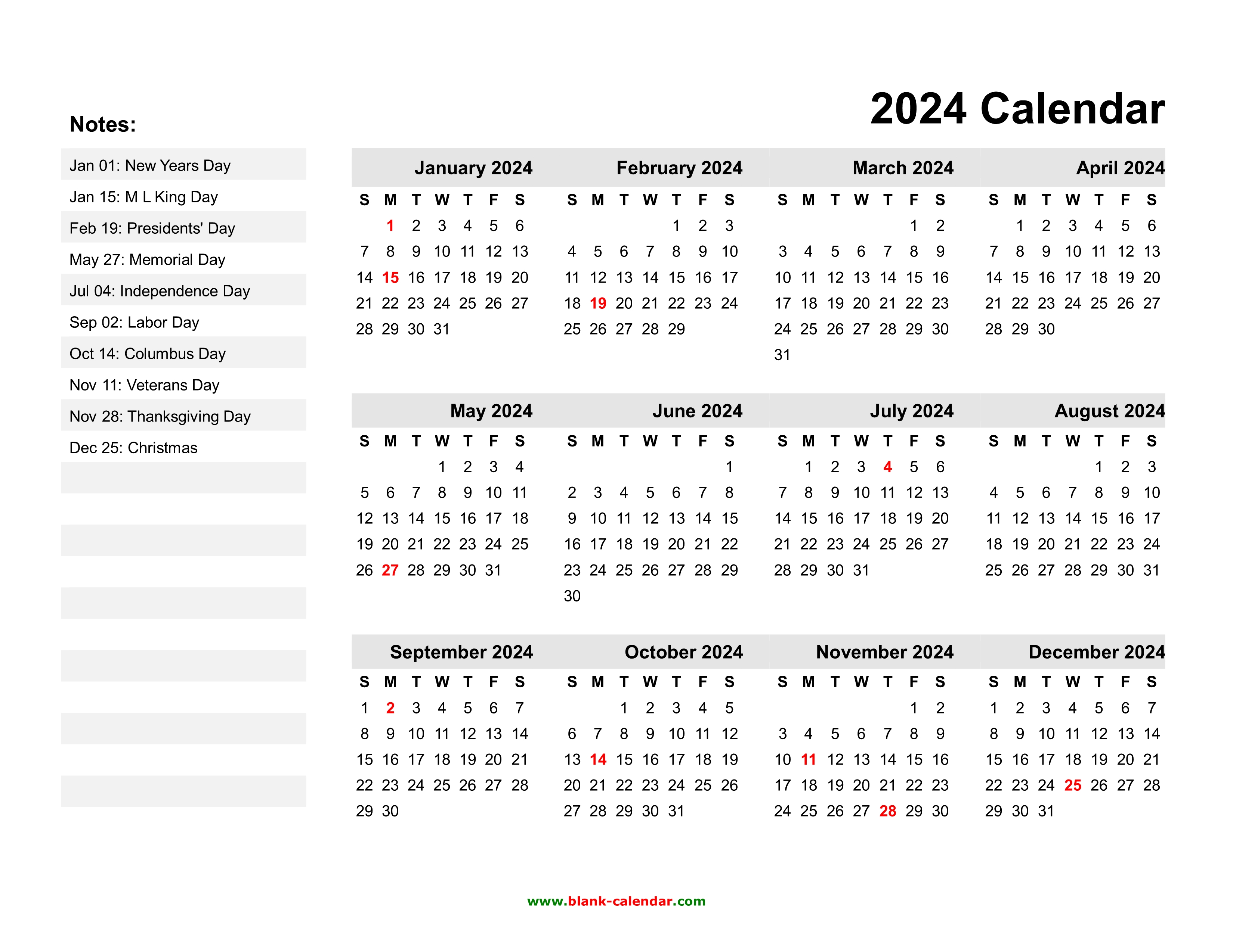 Yearly Calendar 2024 