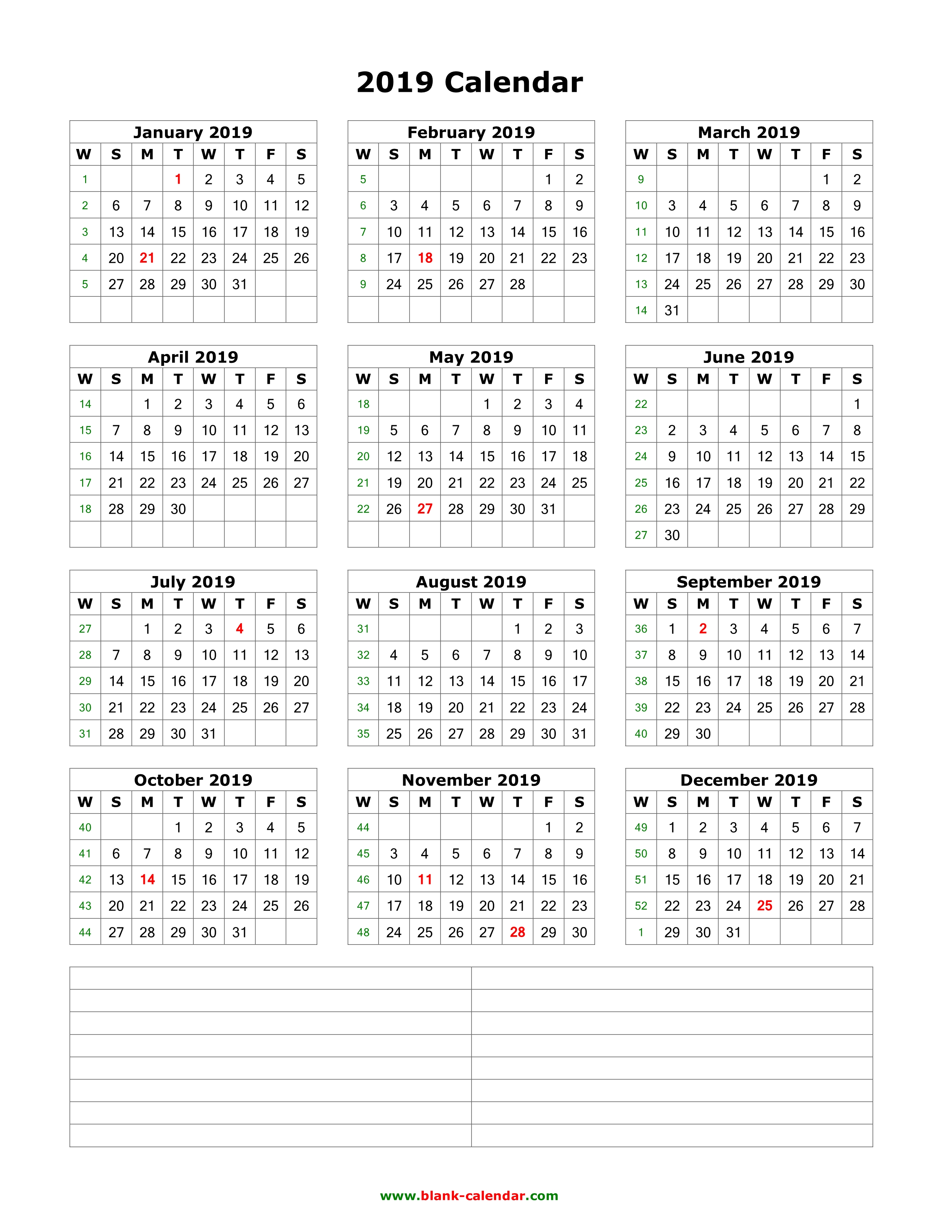 Download Blank Calendar 2019 with Space for Notes (12 months on one ...