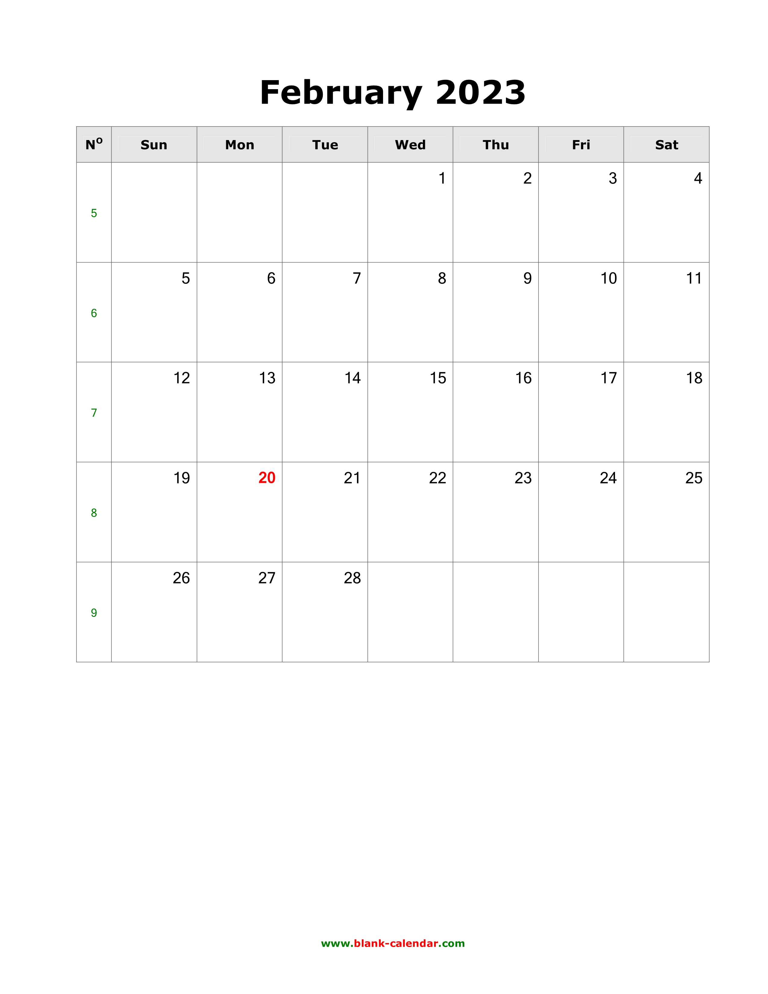 Download February 2023 Blank Calendar Vertical