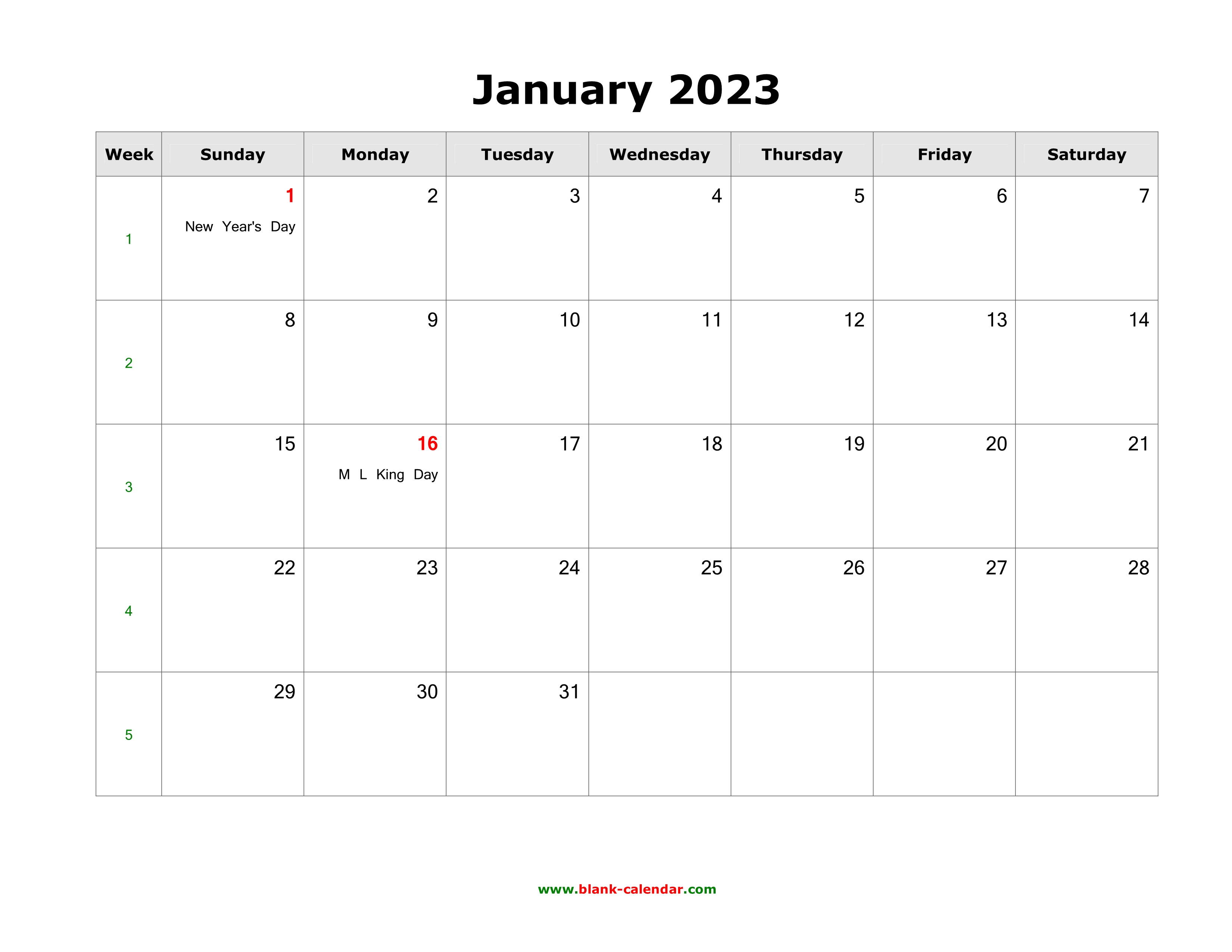 Calendar January 2023 With Holidays Pdf And Image Gambaran