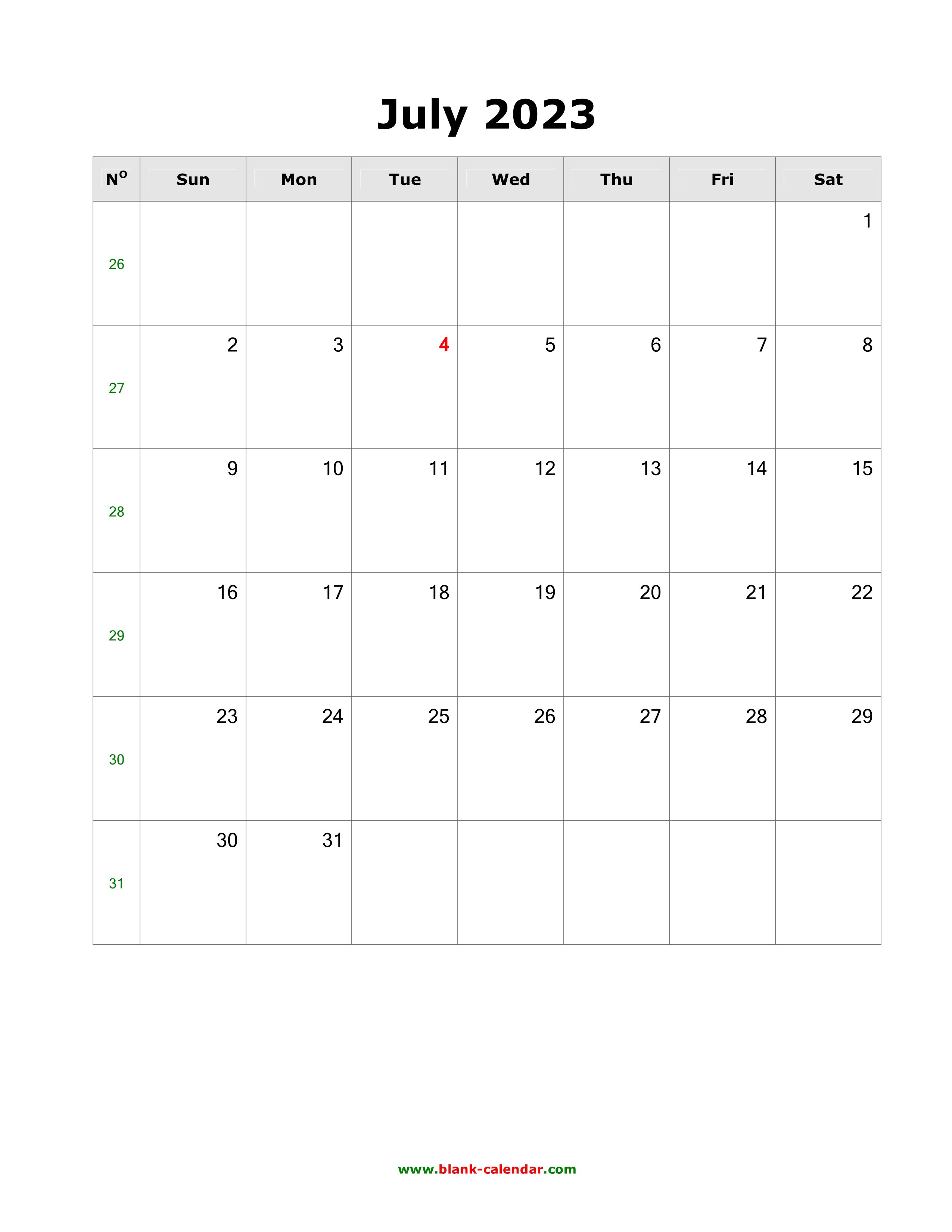 Download July 2023 Blank Calendar (vertical)