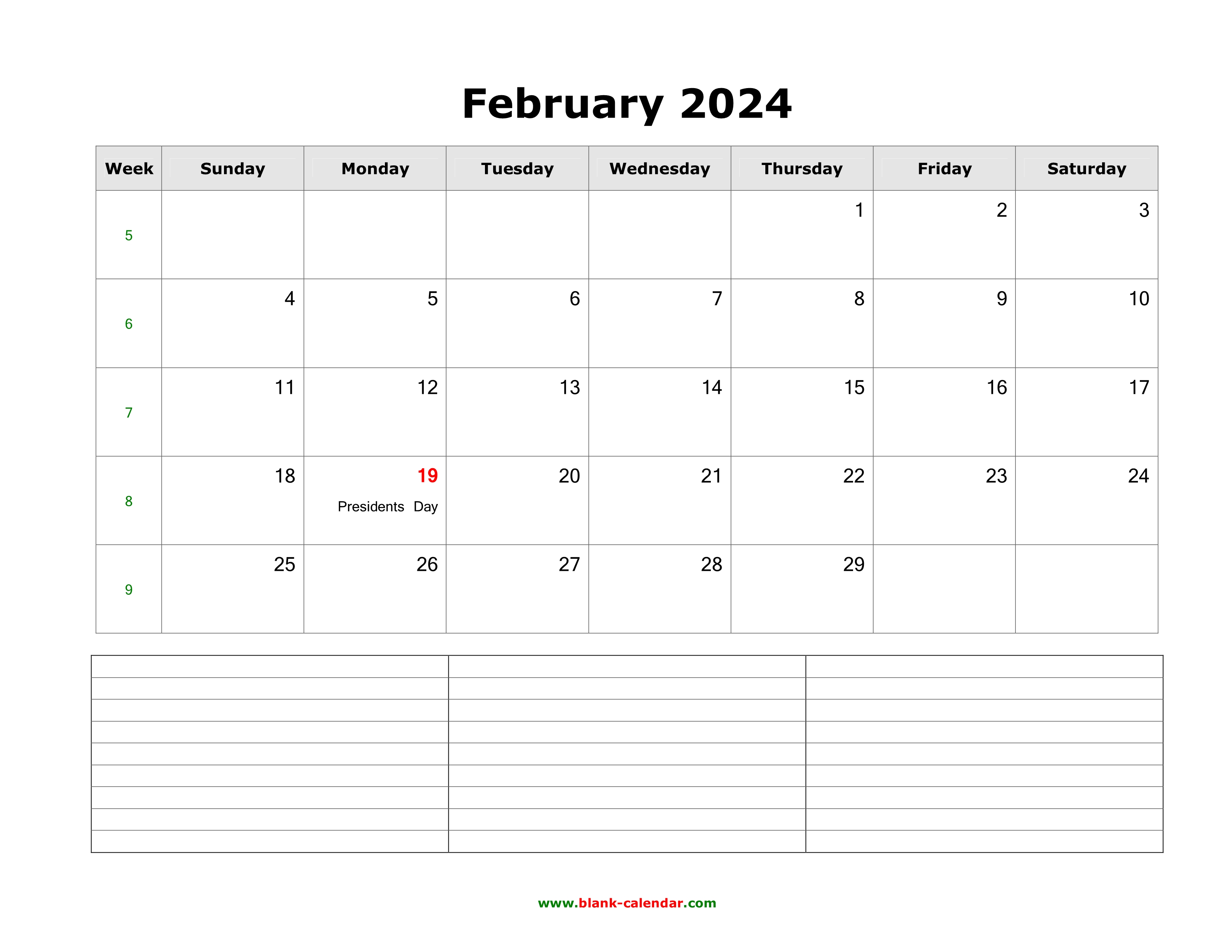 Download February 2024 Blank Calendar with Space for Notes (horizontal)