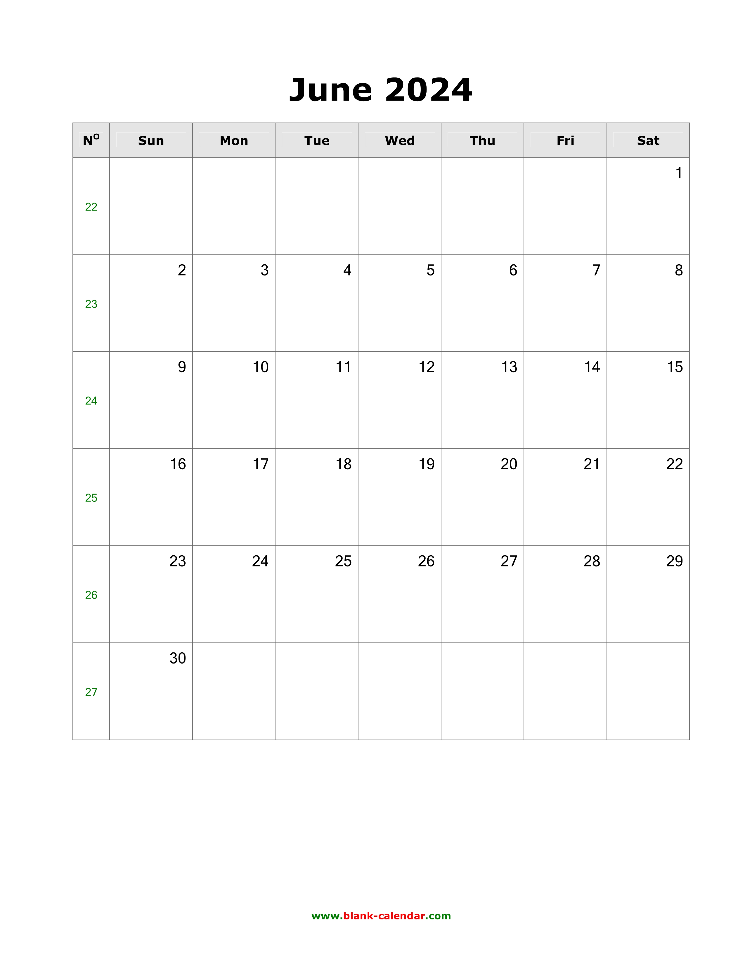 Download June 2024 Blank Calendar (vertical)