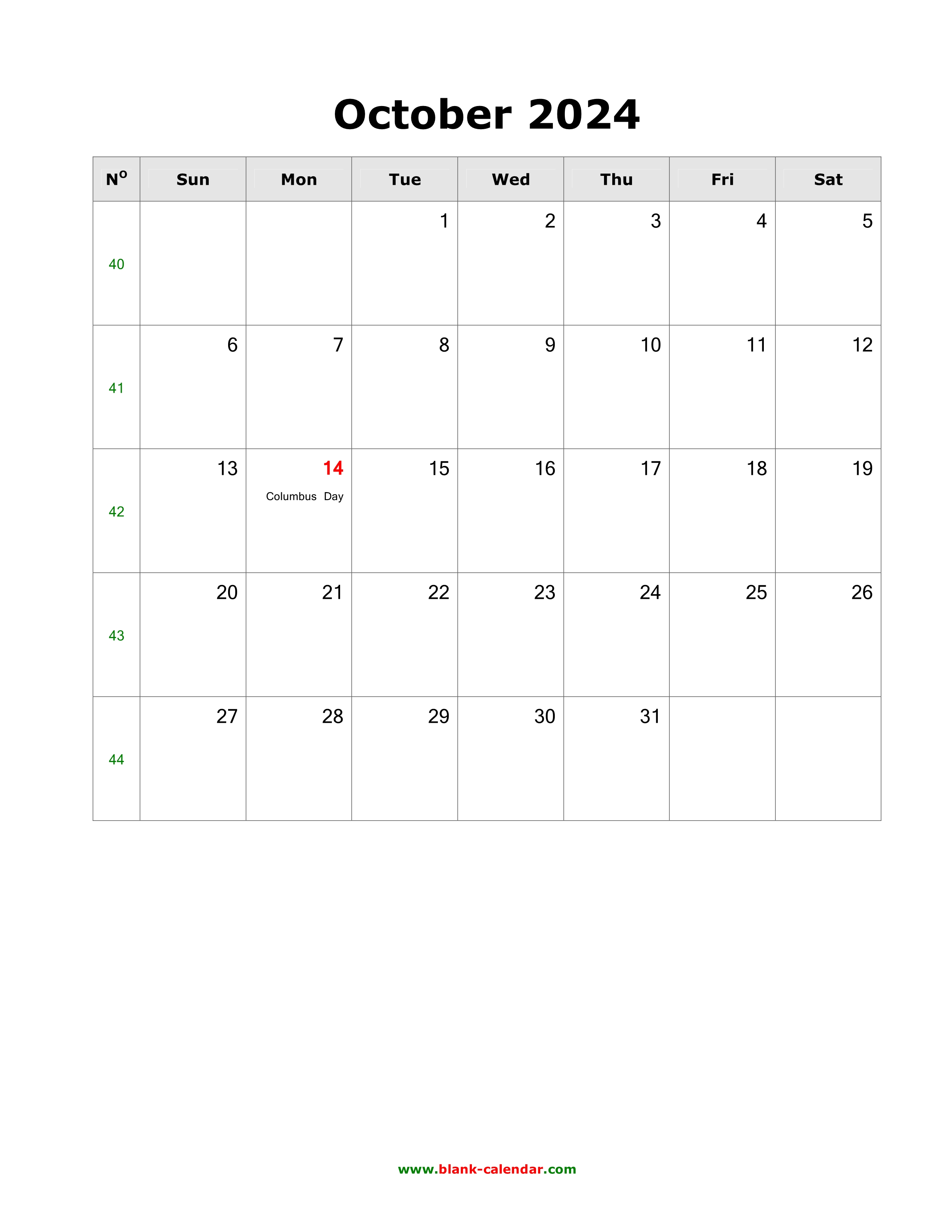 Download October 2024 Blank Calendar with US Holidays (vertical)