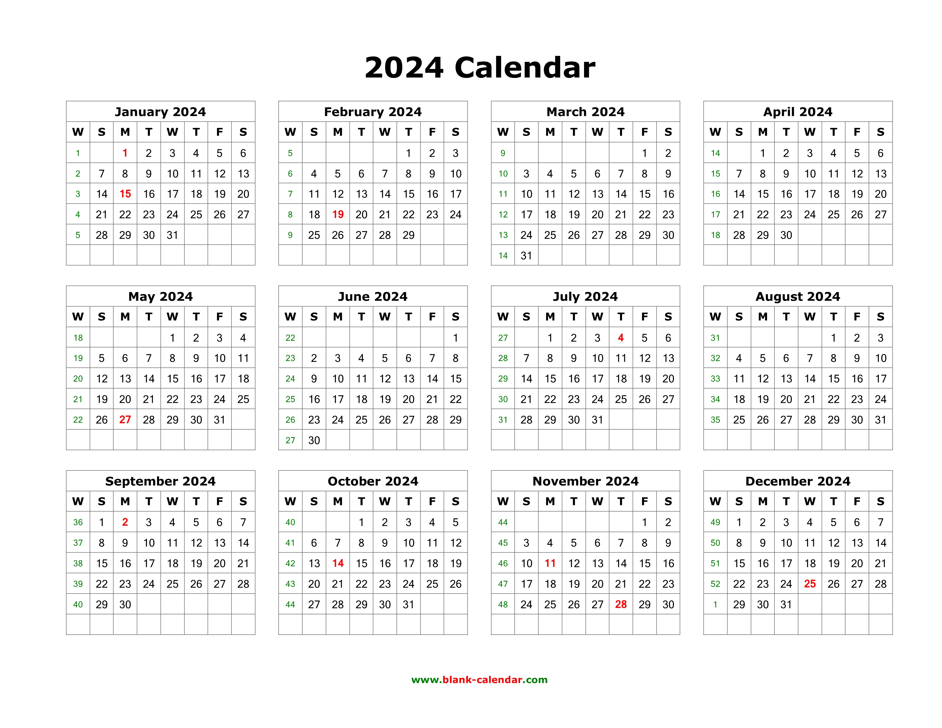 Download Blank Calendar 2024 (12 months on one page, horizontal)