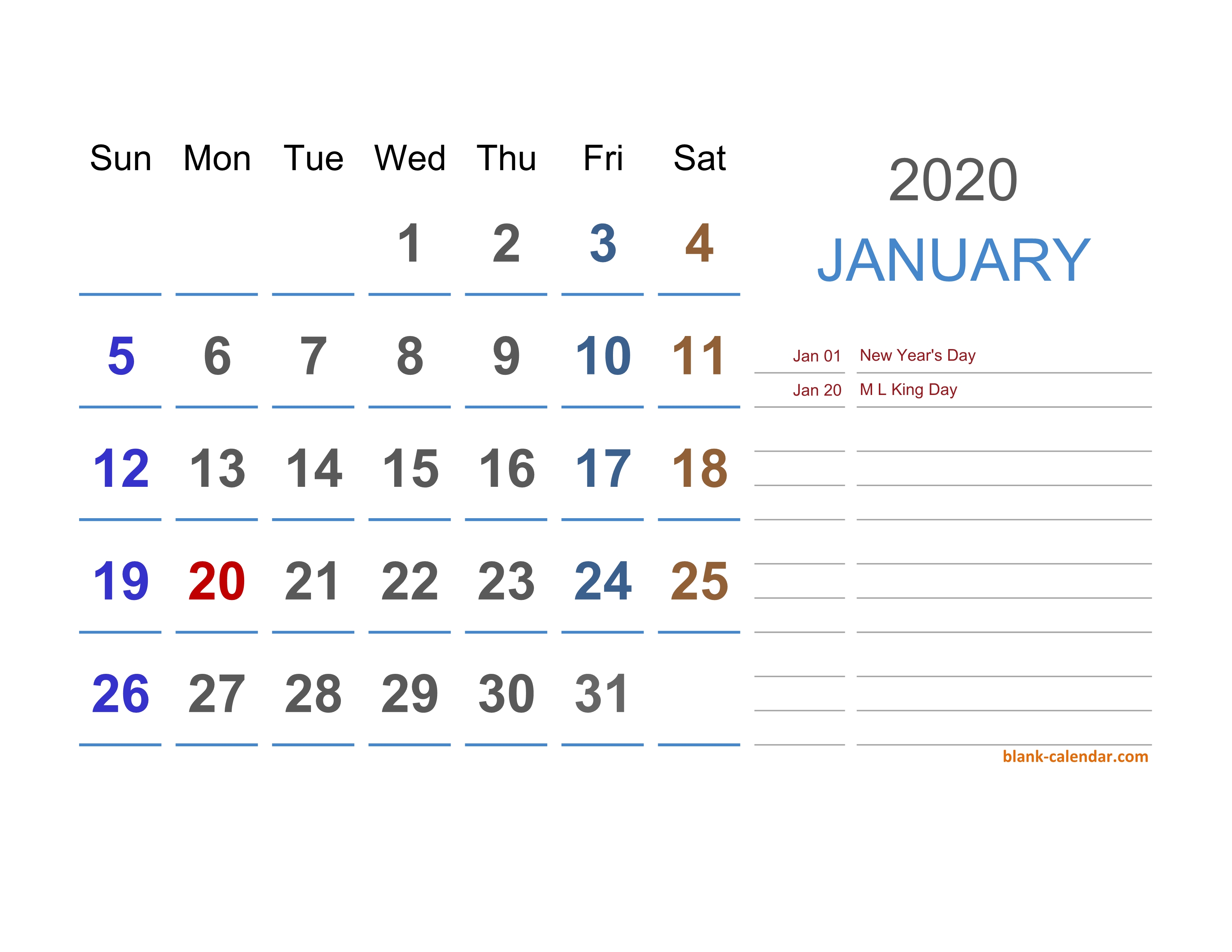 2020 Yearly Business Calendar With Week Number Free Printable