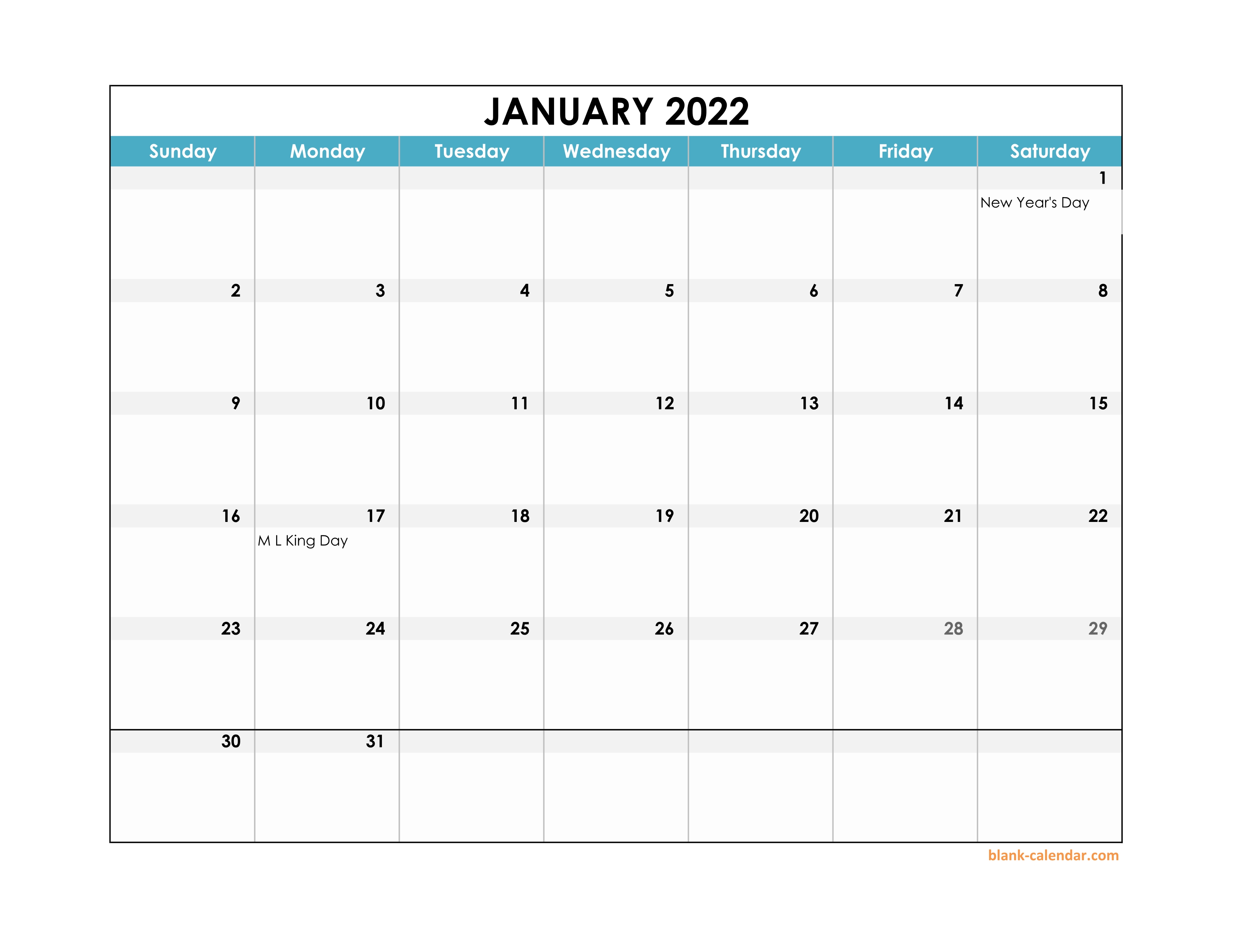 Free Download 2022 Excel Calendar large boxes in the grid (horizontal)
