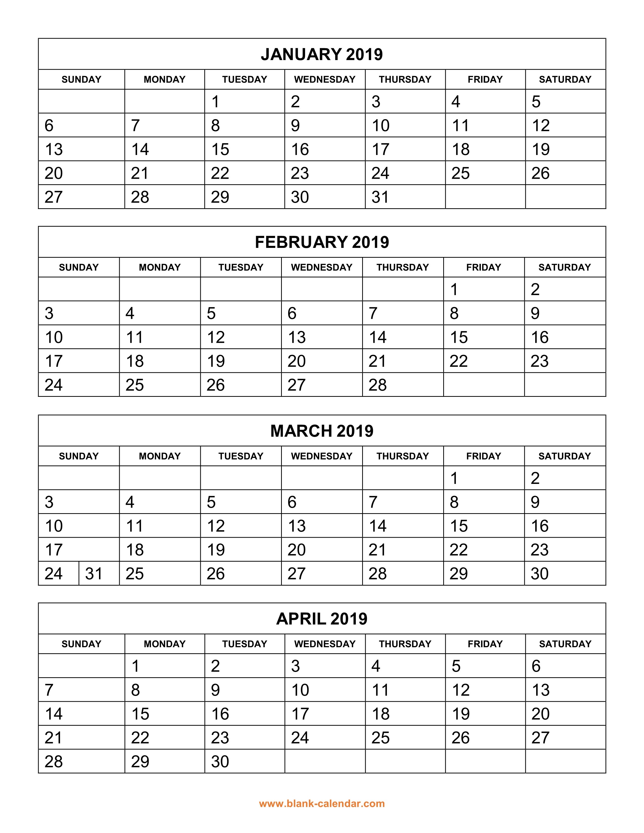 Free Download Printable Calendar 2019, 4 months per page, 3 pages