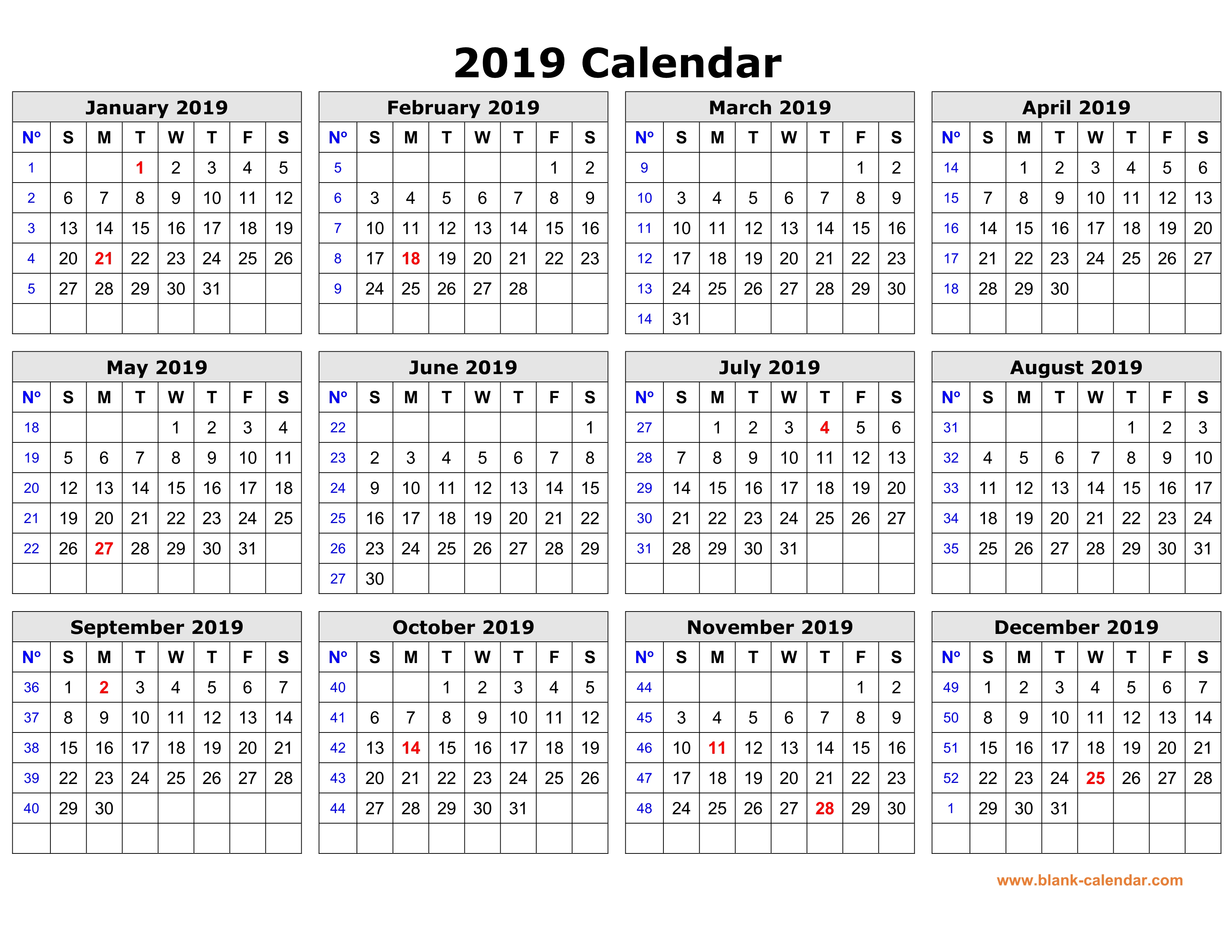 2018 2019 2020 Yearly Calendar Printable