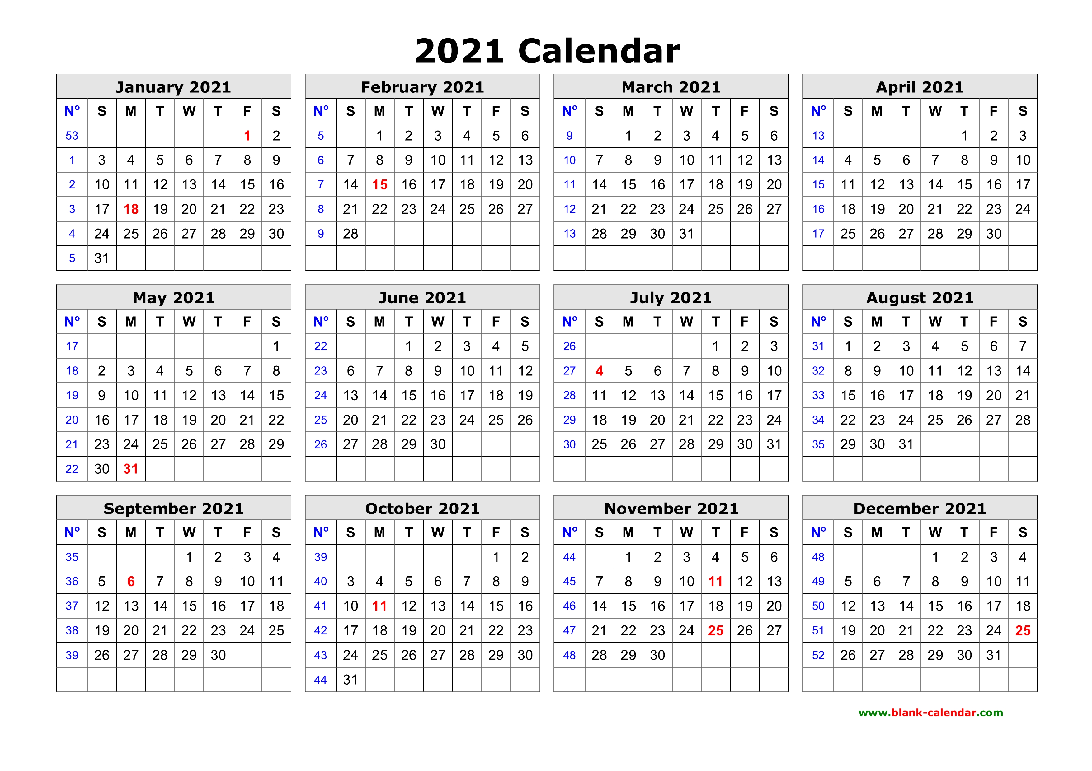 Yearly Calendar 2021 Printable - Printable World Holiday