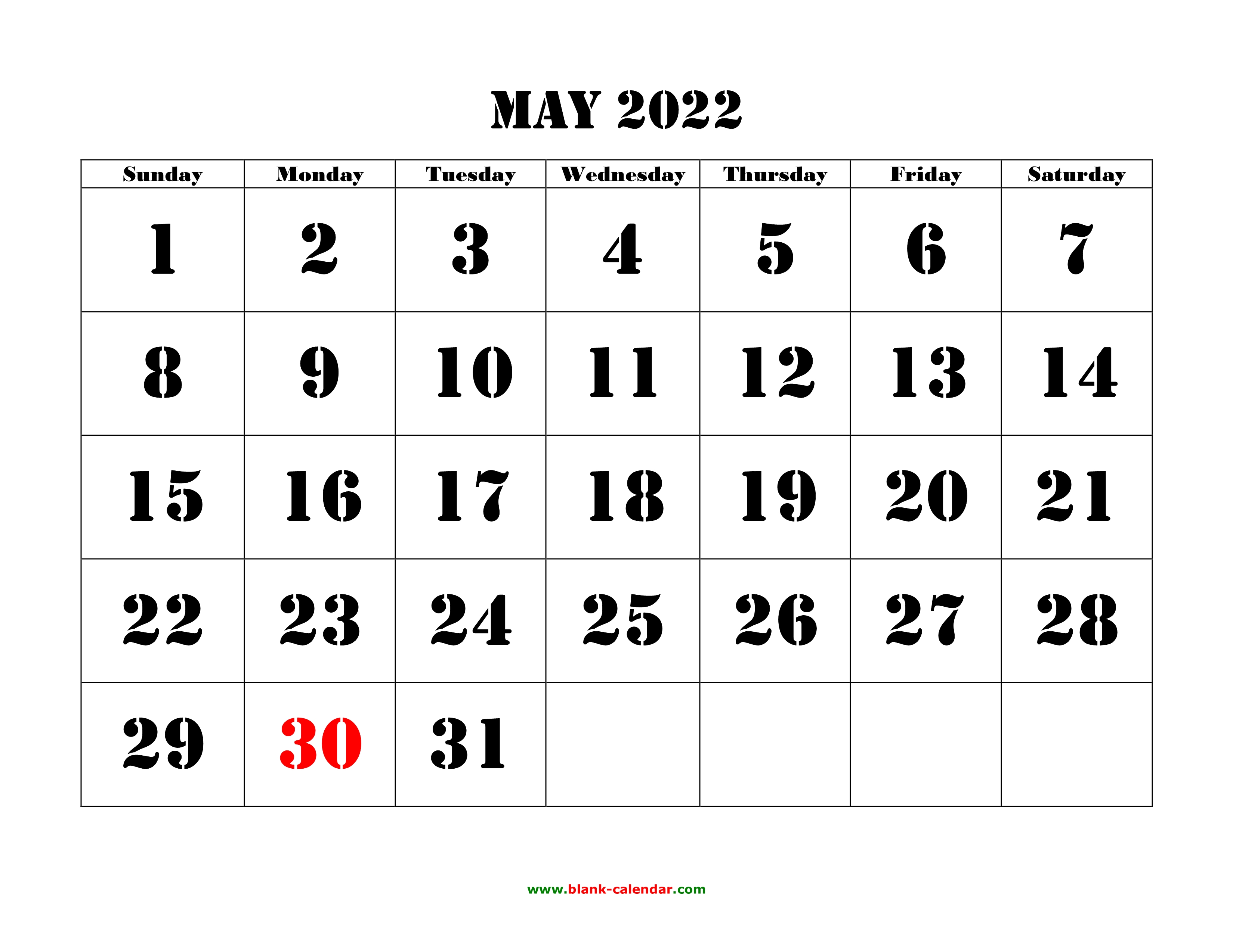 Free Download Printable May 2022 Calendar, large font design , holidays ...